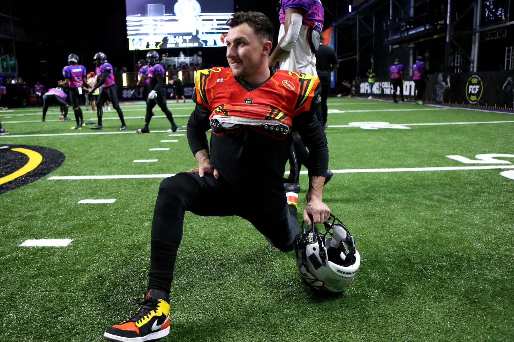 ATLANTA, GEORGIA - JUNE 04: Johnny Manziel #2 of the Zappers warms up prior to playing the Shoulda Been Stars during Fan Controlled Football Season v2.0 - Playoffs on June 04, 2022 in Atlanta, Georgia. (Photo by Brett Davis/Fan Controlled Football/Getty Images)
