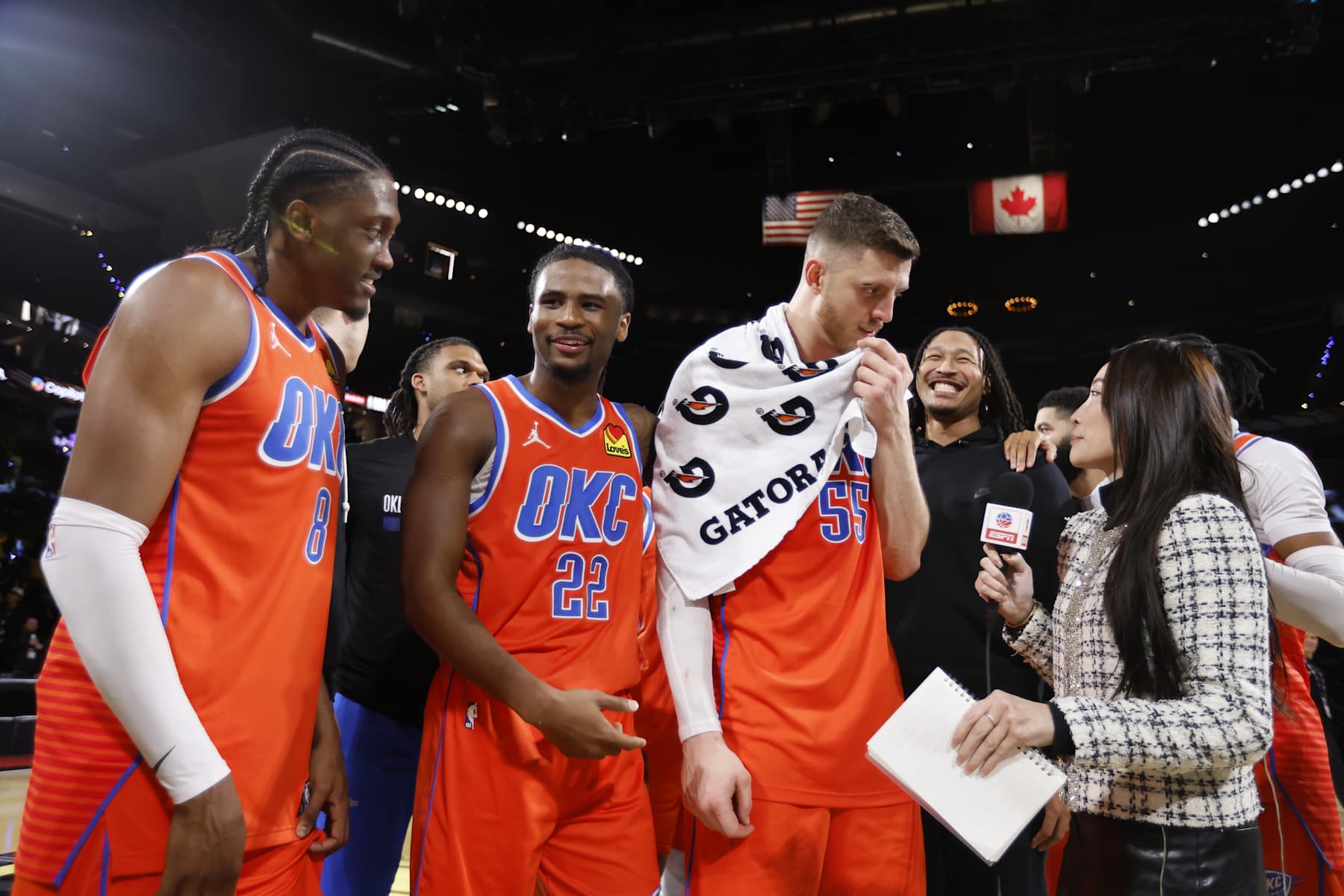LAS VEGAS, NV - DECEMBER 14: Isaiah Hartenstein #55 of the Oklahoma City Thunder is interviewed after the game against the Houston Rockets during the Emirates NBA Cup Semifinal game on December 14, 2024 at T-Mobile Arena in Las Vegas, Nevada. NOTE TO USER: User expressly acknowledges and agrees that, by downloading and/or using this Photograph, user is consenting to the terms and conditions of the Getty Images License Agreement. Mandatory Copyright Notice: Copyright 2024 NBAE (Photo by Logan Riely/NBAE via Getty Images)