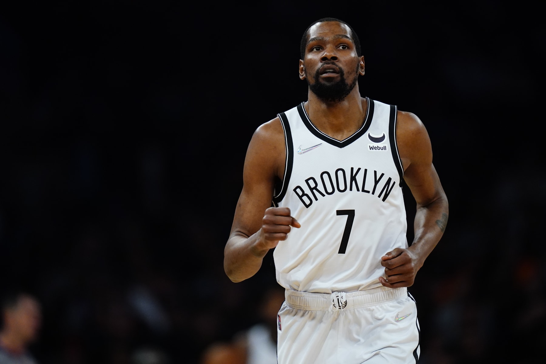 Brooklyn Nets' Kevin Durant (7) during the first half of an NBA basketball game against the New York Knicks Wednesday, April 6, 2022, in New York. (AP Photo/Frank Franklin II)
