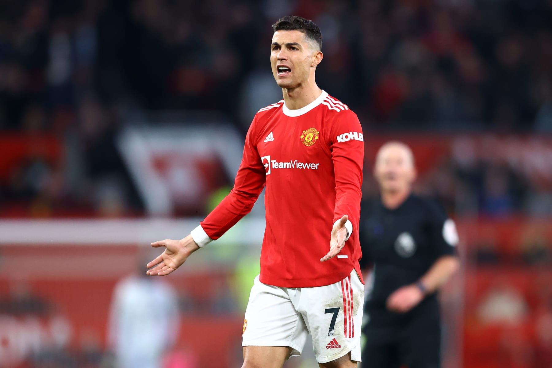 MANCHESTER, ENGLAND - APRIL 28: Cristiano Ronaldo of Manchester United reacts during the Premier League match between Manchester United and Chelsea at Old Trafford on April 28, 2022 in Manchester, England. (Photo by Michael Steele/Getty Images)