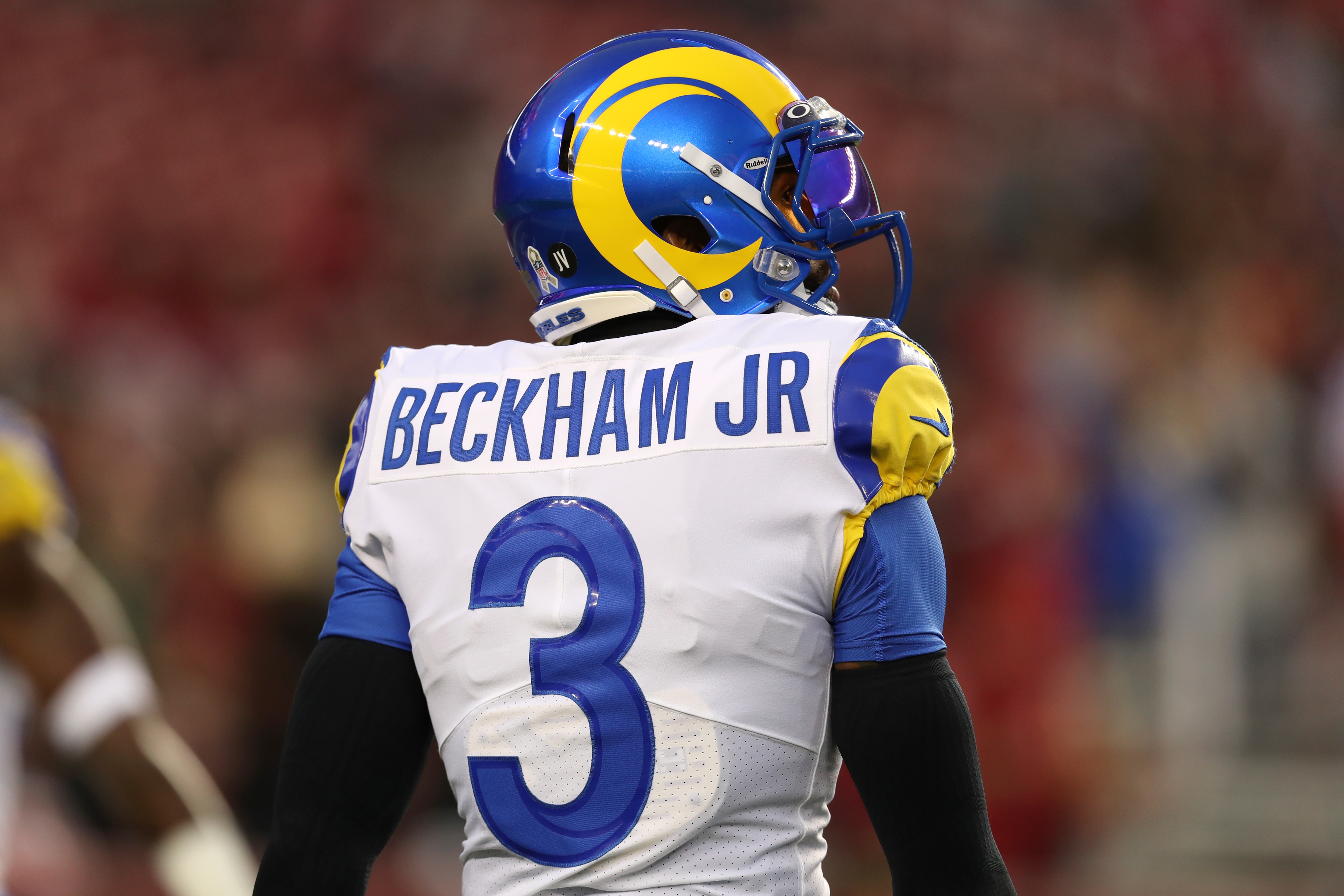 Los Angeles Rams wide receiver Odell Beckham Jr. (3) warms up before an NFL football game against the San Francisco 49ers in Santa Clara, Calif., Monday, Nov. 15, 2021. (AP Photo/Jed Jacobsohn) Los Angeles Rams wide receiver Odell Beckham Jr. (3) warms up before an NFL football game against the San Francisco 49ers in Santa Clara, Calif., Monday, Nov. 15, 2021. (AP Photo/Jed Jacobsohn)
