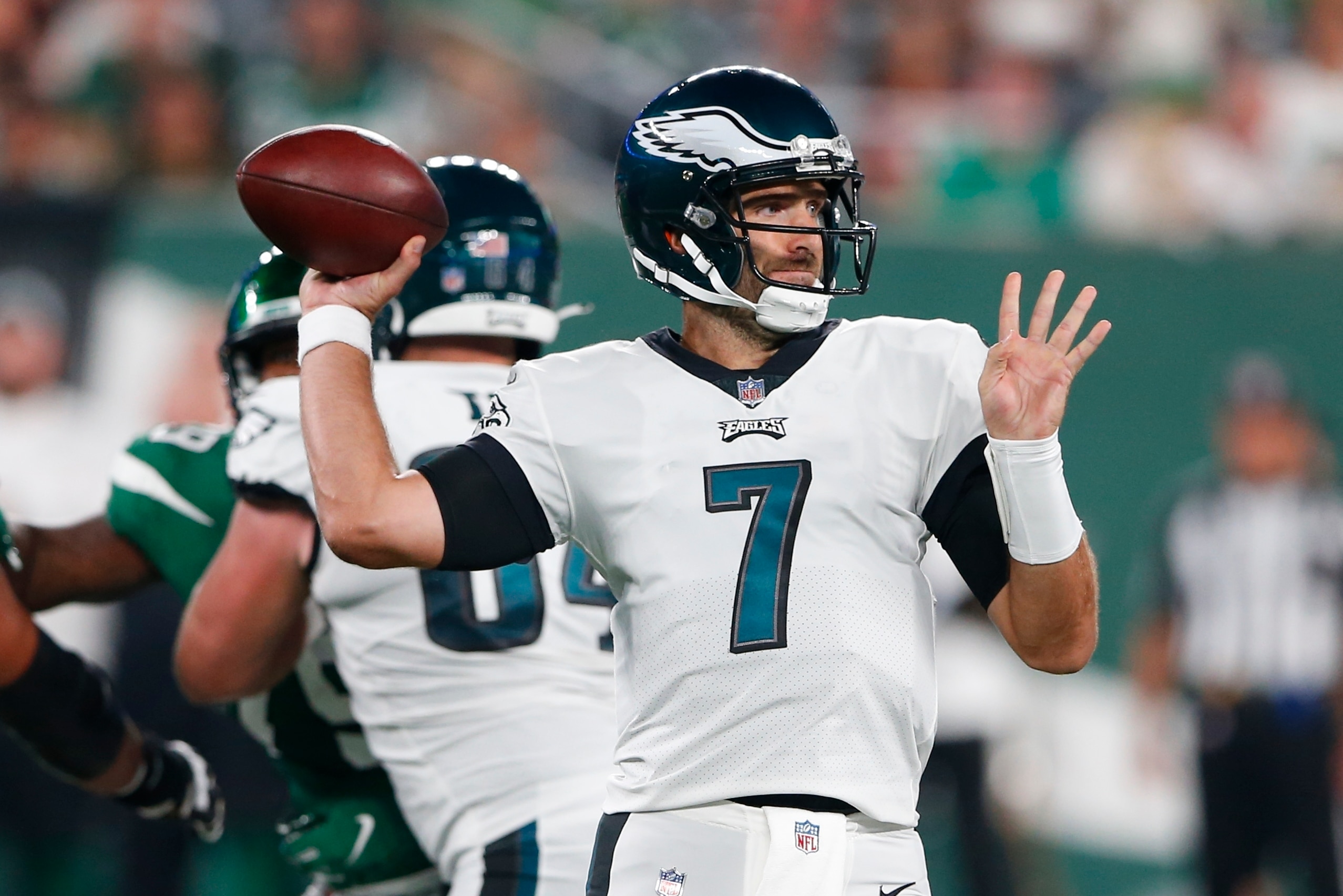 Philadelphia Eagles quarterback Joe Flacco (7) throws a pass during the first half of an NFL preseason football game against the New York Jets Friday, Aug. 27, 2021, in East Rutherford, N.J. (AP Photo/Noah K. Murray)