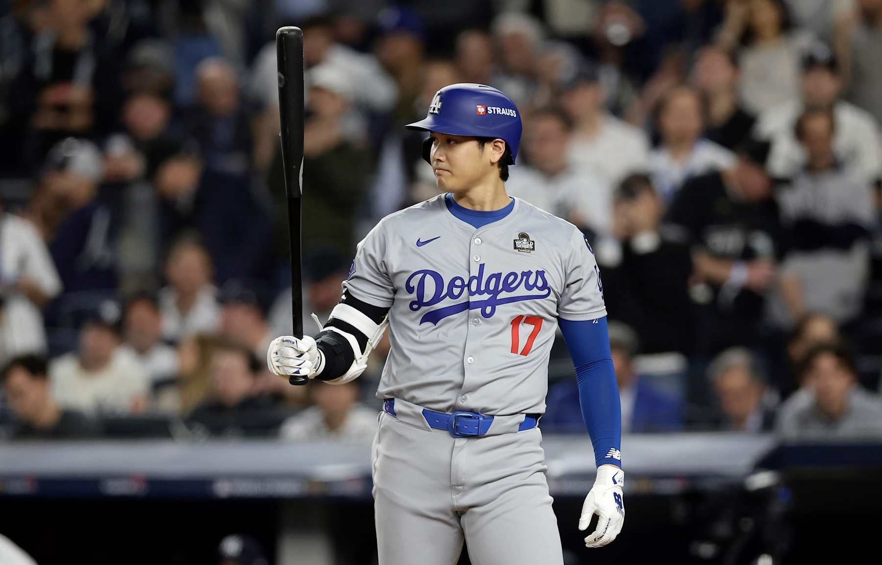 NEW YORK, NEW YORK - OCTOBER 30: (NEW YORK DAILIES OUT)  Shohei Ohtani #17 of the Los Angeles Dodgers in action against the New York Yankees during Game Five of the 2024 World Series at Yankee Stadium on October 30, 2024 in New York City. The Dodgers defeated the Yankees 7-6. (Photo by Jim McIsaac/Getty Images)