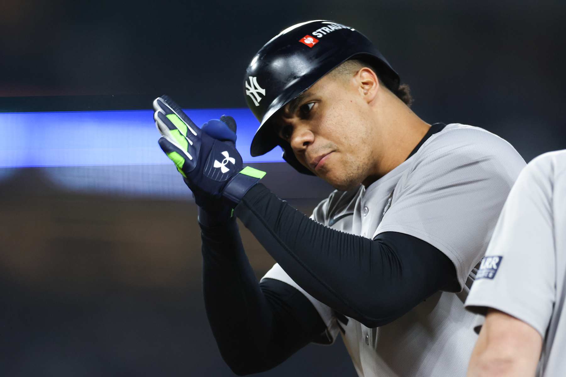 LOS ANGELES, CALIFORNIA - OCTOBER 26: Juan Soto #22 of the New York Yankees reacts to his single against the Los Angeles Dodgers in the ninth inning during Game Two of the 2024 World Series at Dodger Stadium on October 26, 2024 in Los Angeles, California. (Photo by Harry How/Getty Images)