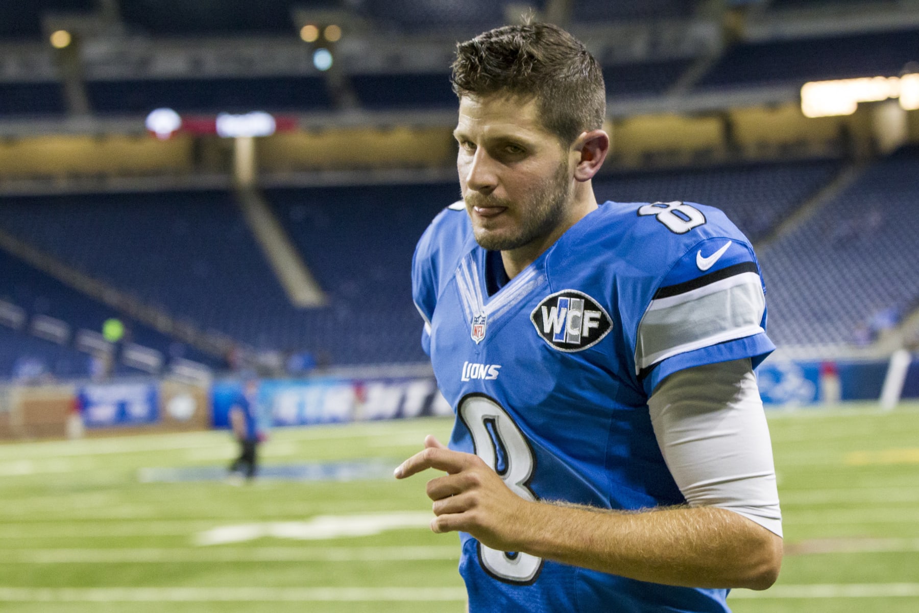 11 OCTOBER 2015: Detroit Lions quarterback Dan Orlovsky (8) walks off of the field at the end of the game between the Arizona Cardinals and the Detroit Lions during a regular season game played at Ford Field in Detroit, Michigan. (Photo by Scott W. Grau/Icon Sportswire) (Photo by Scott W. Grau/Icon Sportswire/Corbis/Icon Sportswire via Getty Images)
