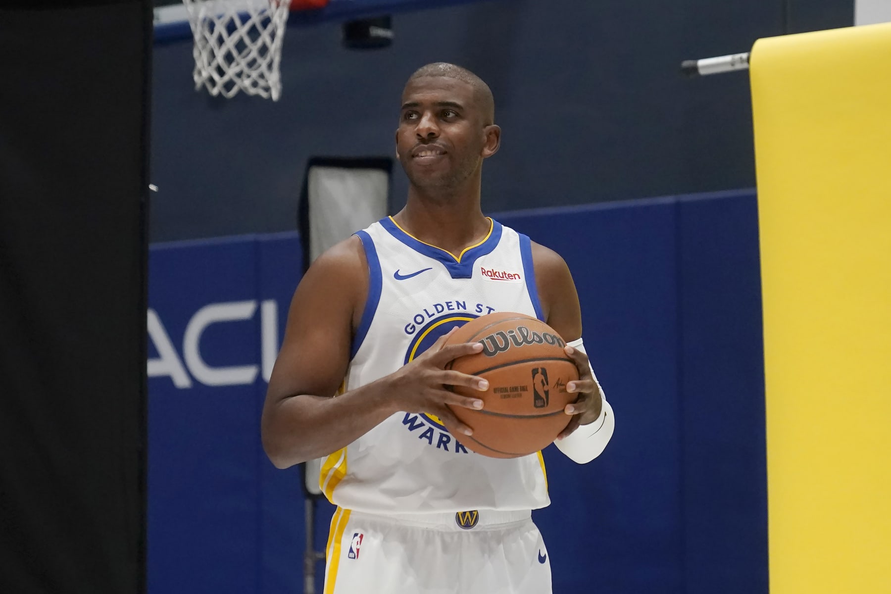Golden State Warriors' Chris Paul poses for photos during the NBA team's media day in San Francisco, Monday, Oct. 2, 2023. (AP Photo/Jeff Chiu)