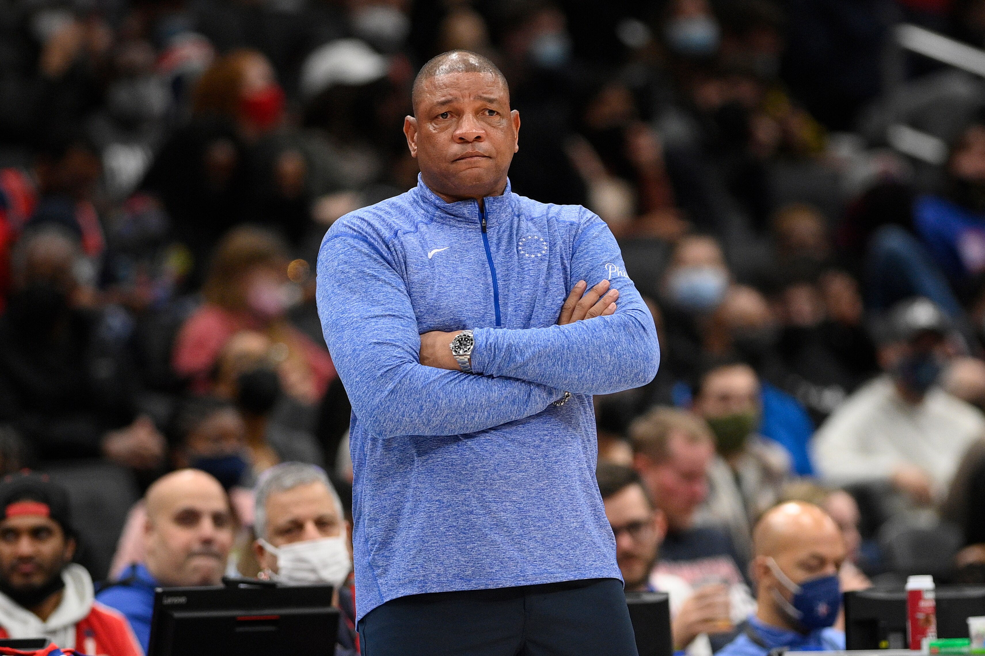 Philadelphia 76ers head coach Doc Rivers looks on during the first half of an NBA basketball game against the Washington Wizards, Sunday, Dec. 26, 2021, in Washington. (AP Photo/Nick Wass)