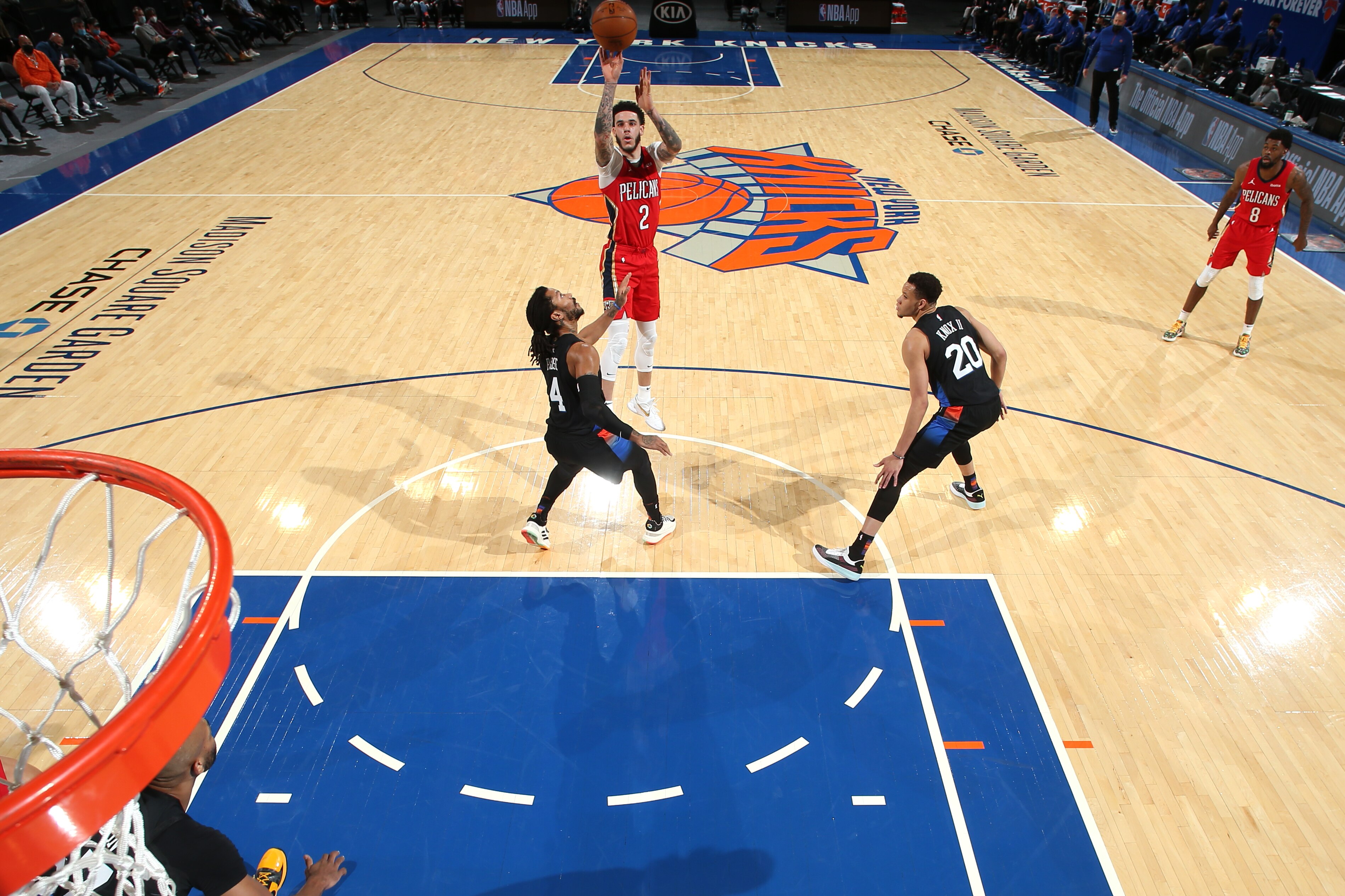NEW YORK, NY - APRIL 18: Lonzo Ball #2 of the New Orleans Pelicans shoots the ball during the game against the New York Knicks on April 18, 2021 at Madison Square Garden in New York City, New York.  NOTE TO USER: User expressly acknowledges and agrees that, by downloading and or using this photograph, User is consenting to the terms and conditions of the Getty Images License Agreement. Mandatory Copyright Notice: Copyright 2021 NBAE  (Photo by Nathaniel S. Butler/NBAE via Getty Images)