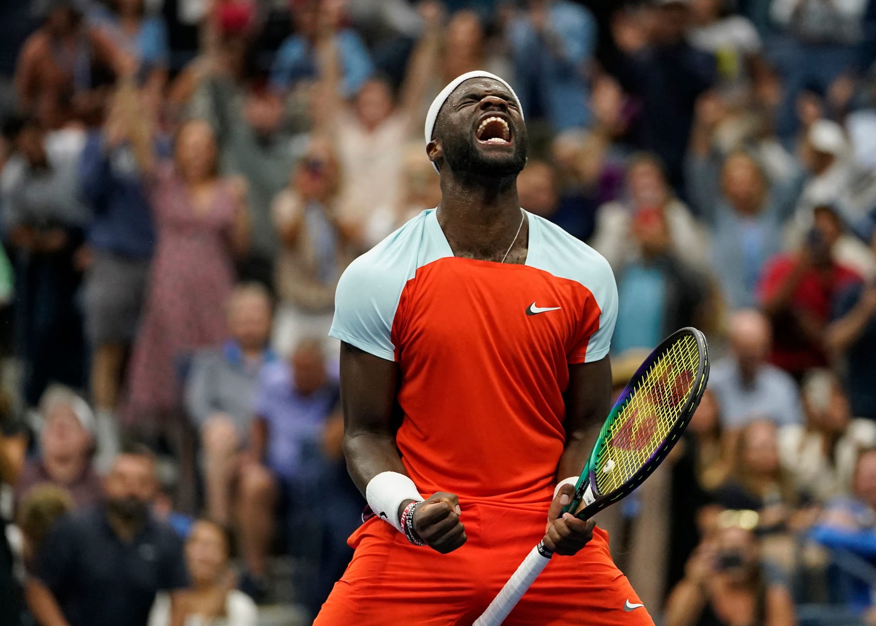 USA's Frances Tiafoe reacts after defeating Russia's Andrey Rublev during their 2022 US Open Tennis tournament men's singles quarter-final match at the USTA Billie Jean King National Tennis Center in New York, on September 7, 2022. (Photo by TIMOTHY A. CLARY / AFP) (Photo by TIMOTHY A. CLARY/AFP via Getty Images)