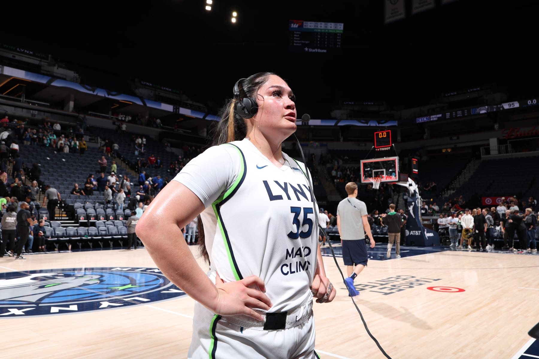 MINNEAPOLIS, MN - MAY 31: Alissa Pili #35 of the Minnesota Lynx talks to the media after the game against the Phoenix Mercury on May 31, 2024 at Target Center in Minneapolis, Minnesota. NOTE TO USER: User expressly acknowledges and agrees that, by downloading and or using this Photograph, user is consenting to the terms and conditions of the Getty Images License Agreement. Mandatory Copyright Notice: Copyright 2024 NBAE (Photo by David Sherman/NBAE via Getty Images)