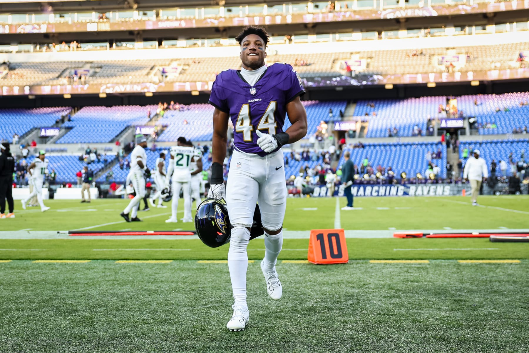 BALTIMORE, MD - NOVEMBER 05: Marlon Humphrey #44 of the Baltimore Ravens reacts after the game against the Seattle Seahawks at M&T Bank Stadium on November 5, 2023 in Baltimore, Maryland. (Photo by Scott Taetsch/Getty Images)