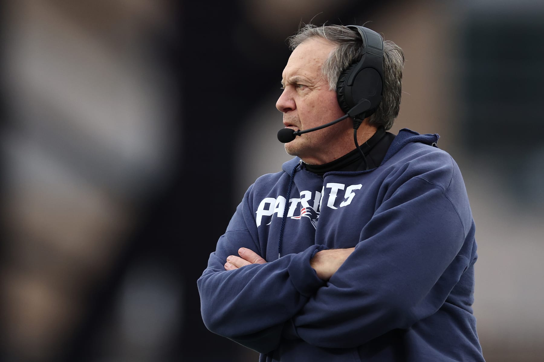FOXBOROUGH, MASSACHUSETTS - DECEMBER 17: New England Patriots head coach Bill Belichick looks on from the sideline during the game against the Kansas City Chiefs at Gillette Stadium on December 17, 2023 in Foxborough, Massachusetts. (Photo by Maddie Meyer/Getty Images)