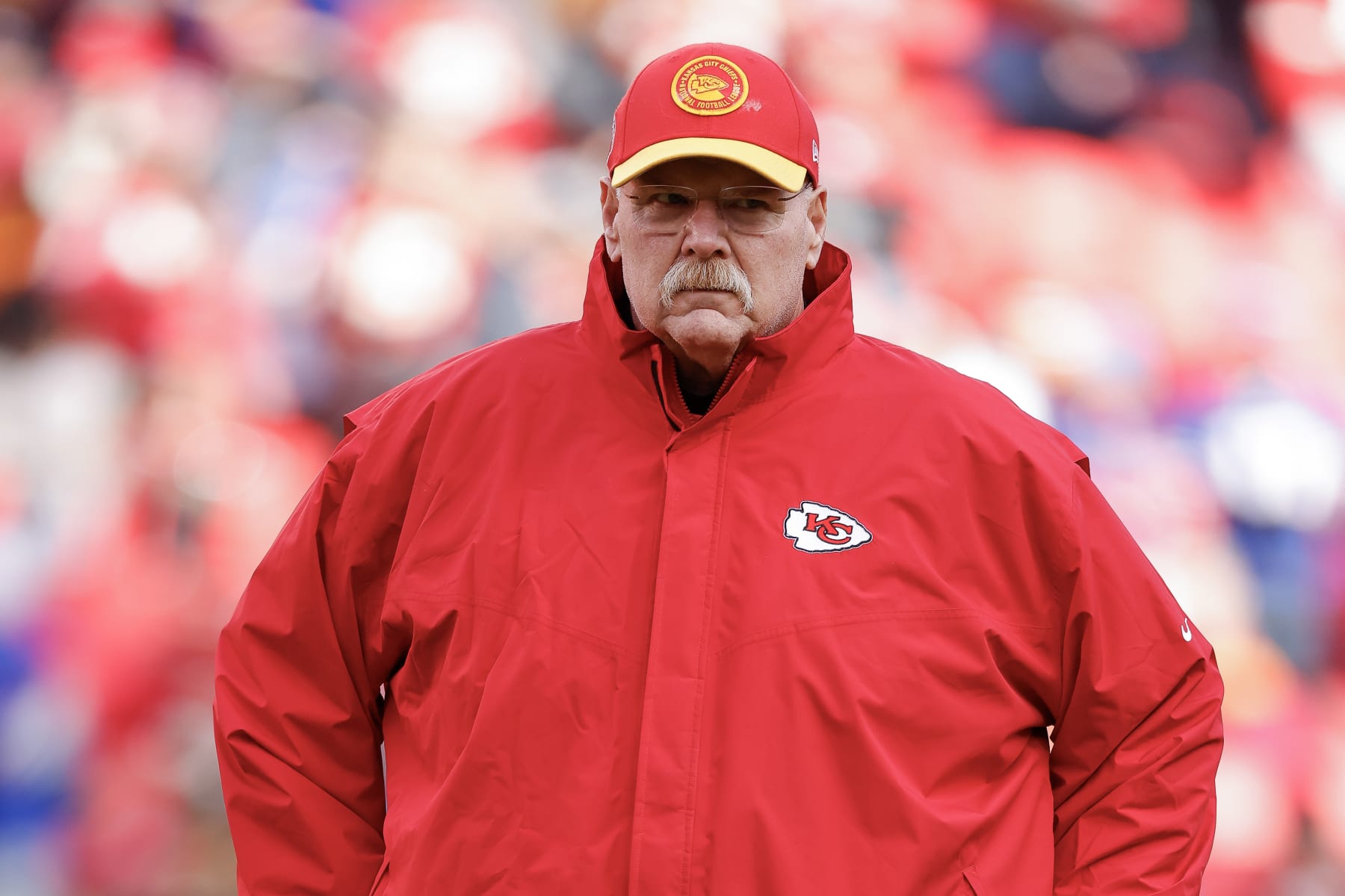KANSAS CITY, MISSOURI - DECEMBER 10: Head coach Andy Reid of the Kansas City Chiefs looks on before the game against the Buffalo Bills at GEHA Field at Arrowhead Stadium on December 10, 2023 in Kansas City, Missouri. (Photo by David Eulitt/Getty Images)