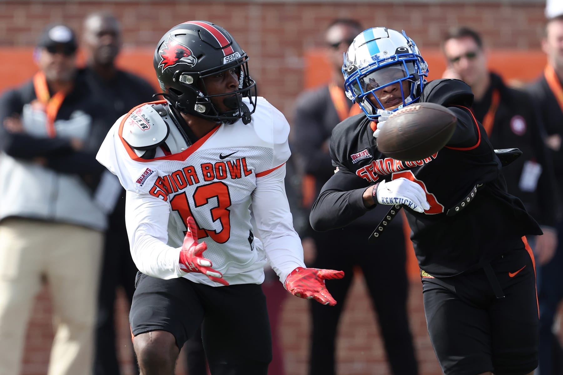 MOBILE, AL - FEBRUARY 01: American wide receiver Ryan Flournoy of Southeast Missouri (13) during the American team practice for the Reese's Senior Bowl on February 31, 2024 at Hancock Whitney Stadium in Mobile, Alabama.  (Photo by Michael Wade/Icon Sportswire via Getty Images)
