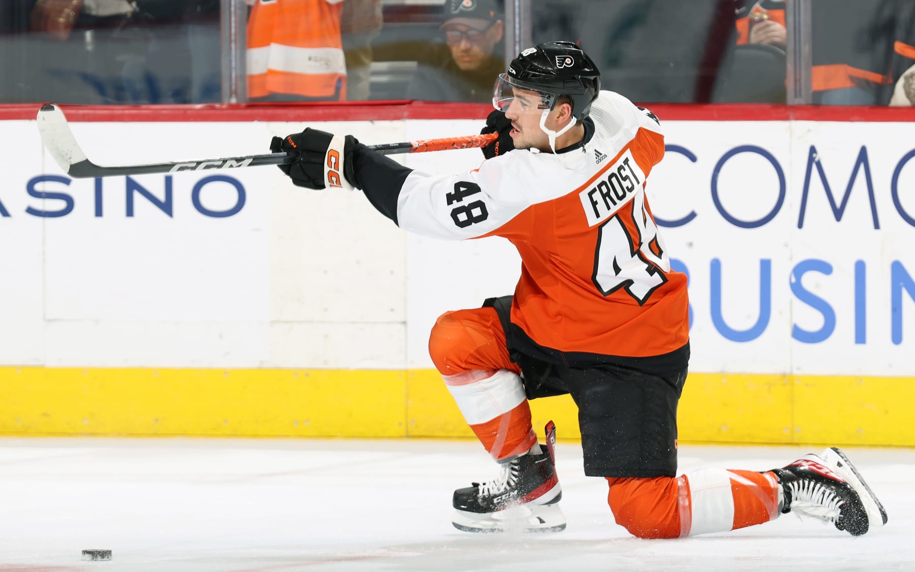 PHILADELPHIA, PENNSYLVANIA - OCTOBER 30:  Morgan Frost #48 of the Philadelphia Flyers takes a slapshot during warm-ups prior to his game against the Carolina Hurricanes at the Wells Fargo Center on October 30, 2023 in Philadelphia, Pennsylvania.  (Photo by Len Redkoles/NHLI via Getty Images)