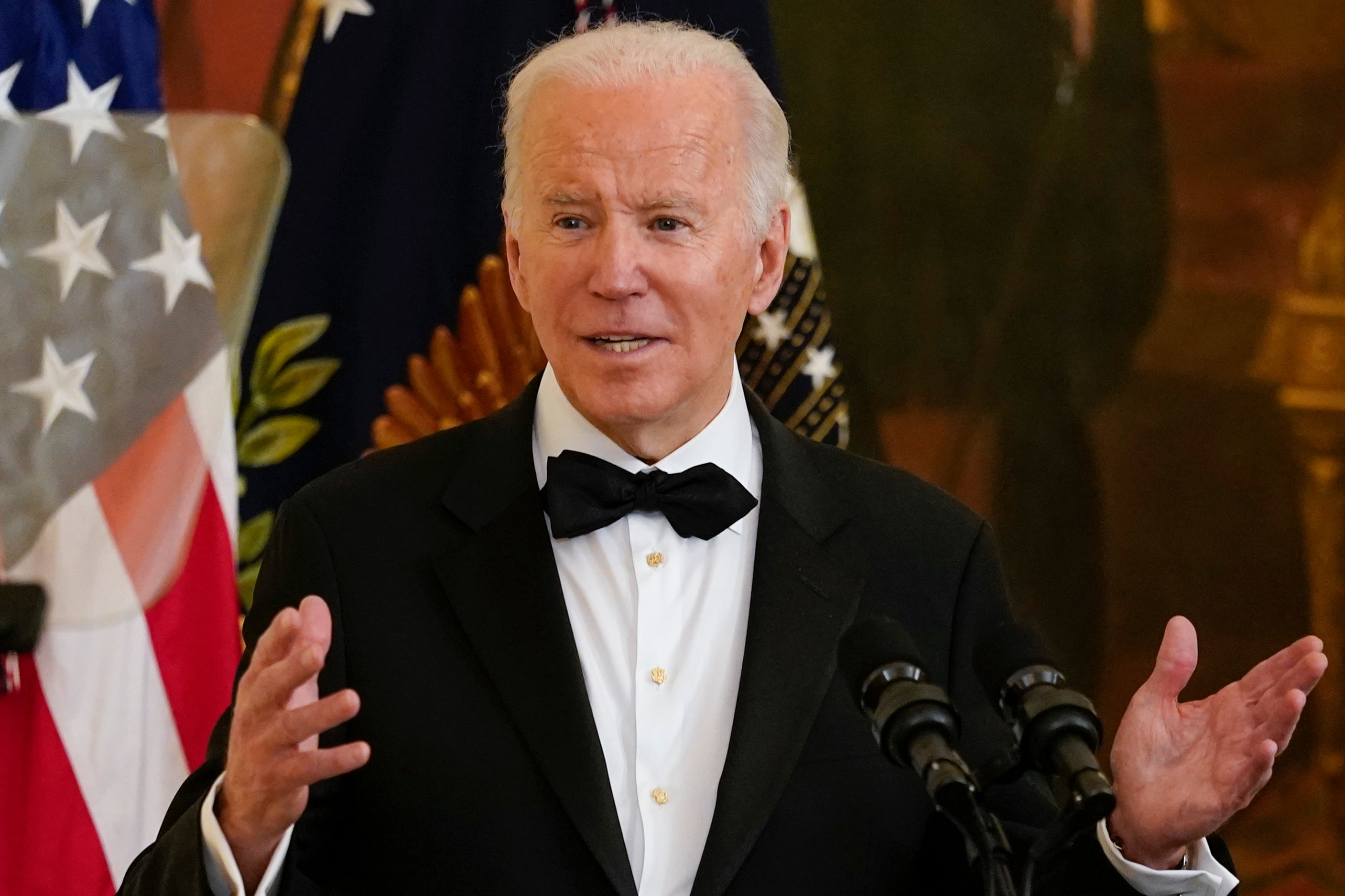 President Joe Biden speaks as he and first lady Jill Biden host the Kennedy Center Honorees Reception at the White House in Washington, Sunday, Dec. 5, 2021. The 2021 Kennedy Center honorees include Motown Records creator Berry Gordy, “Saturday Night Live” mastermind Lorne Michaels, actress-singer Bette Midler, opera singer Justino Diaz and folk music legend Joni Mitchell. (AP Photo/Carolyn Kaster)
