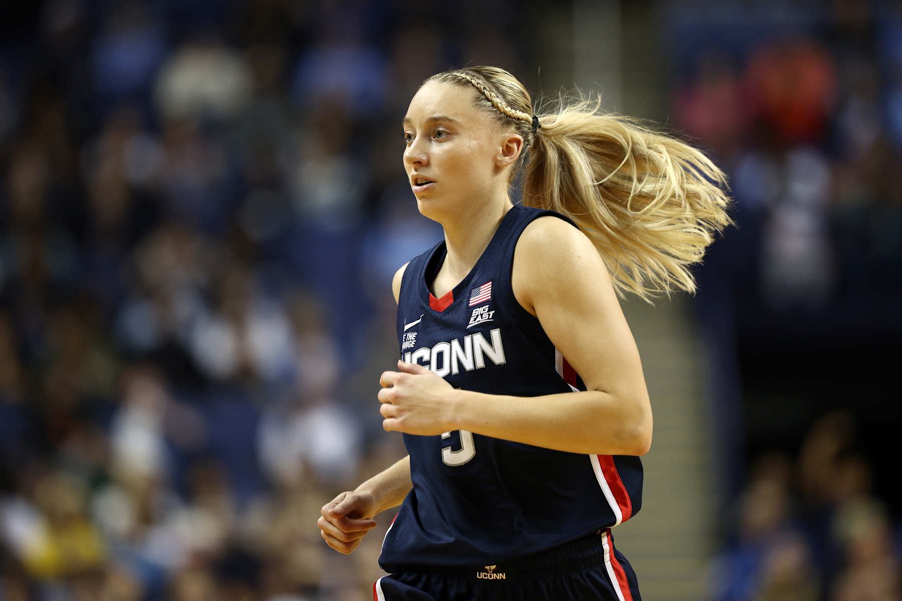 GREENSBORO, NORTH CAROLINA - NOVEMBER 15: Paige Bueckers #5 of the UConn Huskies runs the court during the first half of the game against the North Carolina Tar Heelsat First Horizon Coliseum on November 15, 2024 in Greensboro, North Carolina. (Photo by Jared C. Tilton/Getty Images)