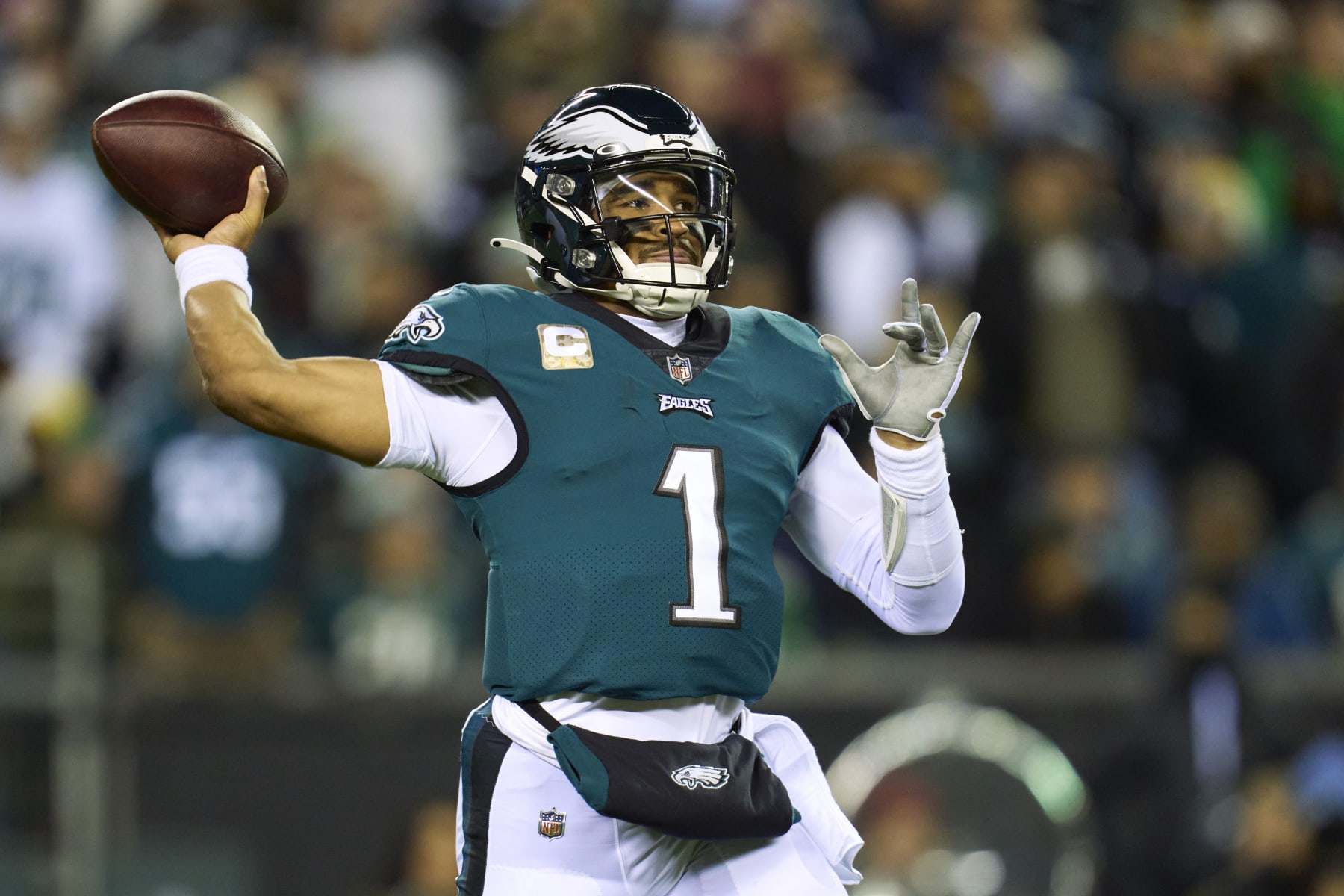 PHILADELPHIA, PA - NOVEMBER 14: Jalen Hurts #1 of the Philadelphia Eagles drops back to pass against the Washington Commanders during the first half at Lincoln Financial Field on November 14, 2022 in Philadelphia. (Photo by Cooper Neill/Getty Images)