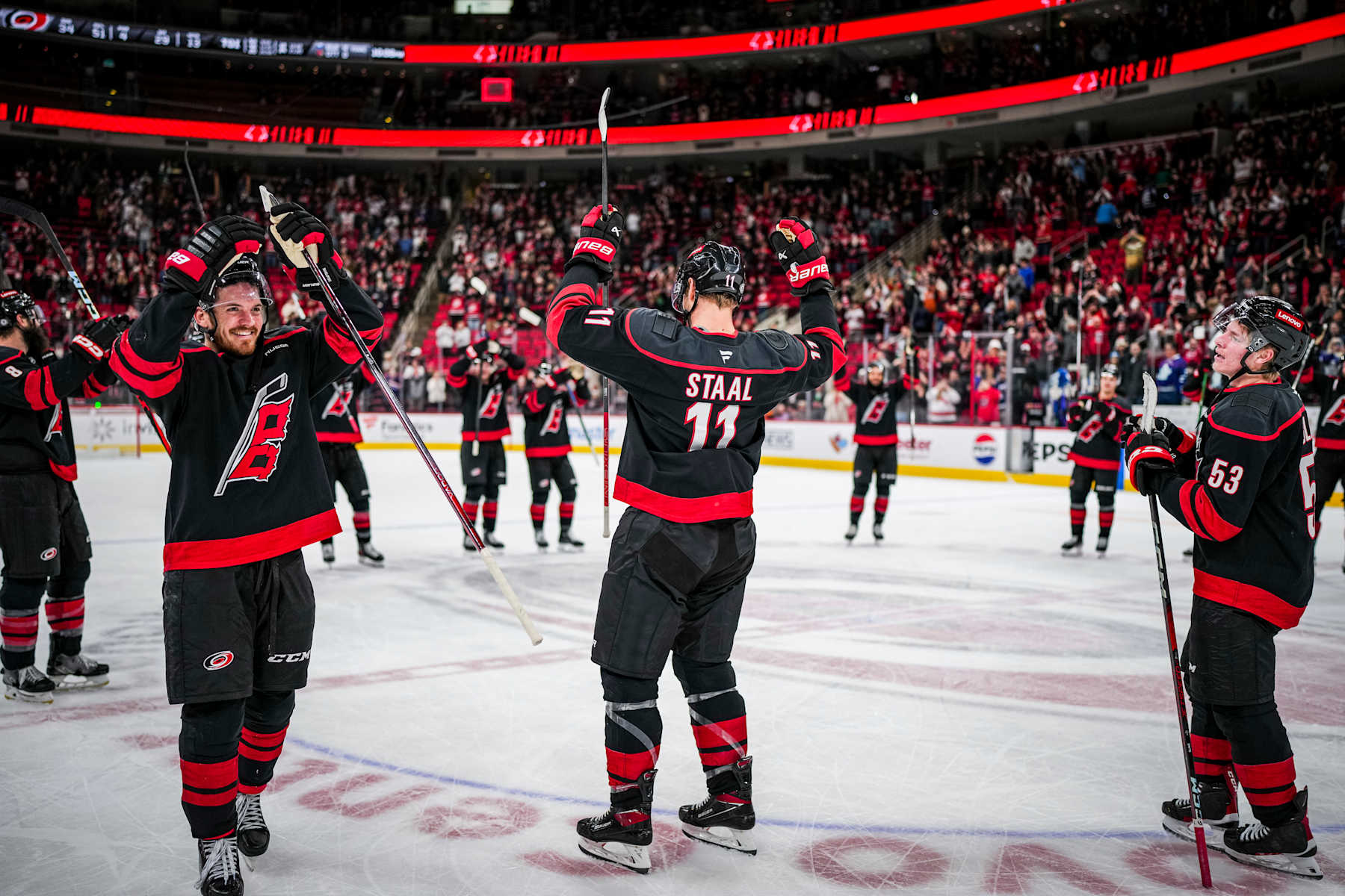 RALEIGH, NORTH CAROLINA - JANUARY 09: Jordan Staal #11 of the Carolina Hurricanes salutes the crowd after defeating the Toronto Maple Leafs at Lenovo Center on January 09, 2025 in Raleigh, North Carolina.  (Photo by Josh Lavallee/NHLI via Getty Images)