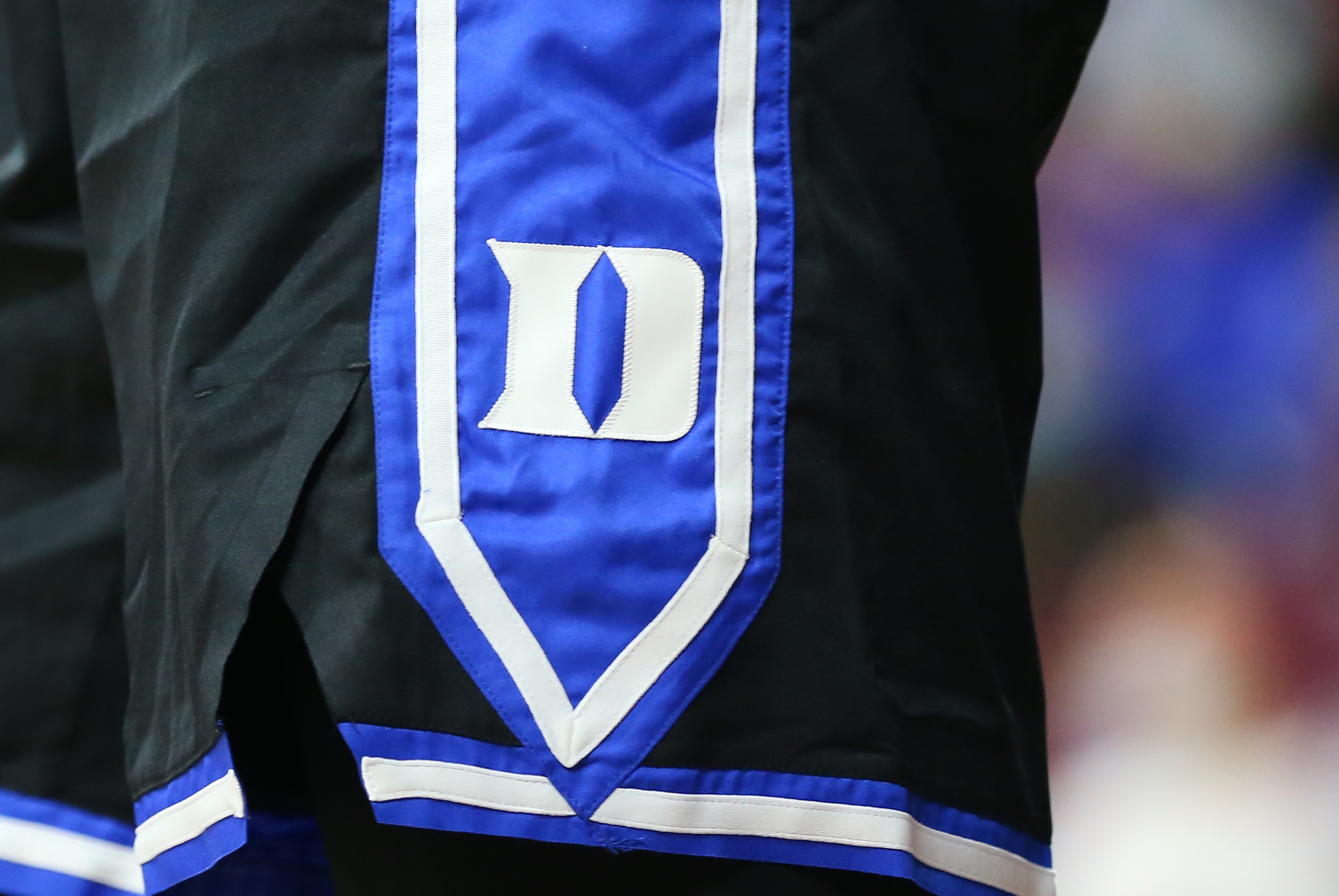 CHESTNUT HILL, MA - FEBRUARY 12: General view of the Duke logo on a pair of game shorts during a college basketball game against Boston College Eagles on February 12 2022, at Conte Forum in Chestnut Hill, MA. (Photo by M. Anthony Nesmith/Icon Sportswire via Getty Images)