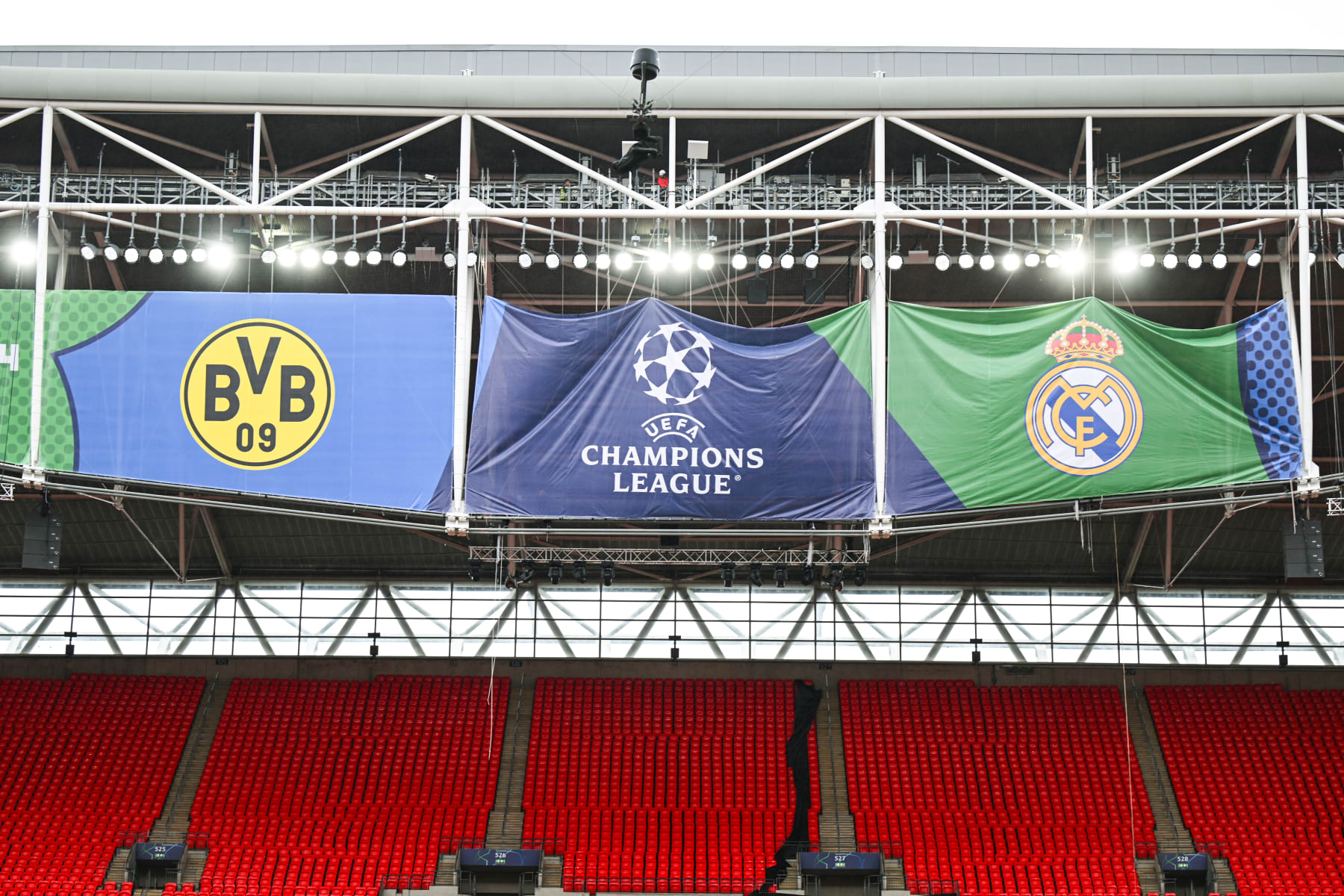 LONDON, ENGLAND - MAY 29: Stadium branding is prepared ahead of the UEFA Champions League 2023/24 final match between Borussia Dortmund v Real Madrid CF at Wembley Stadium on May 28, 2024 in London, England. (Photo by Michael Regan - UEFA/UEFA via Getty Images)
