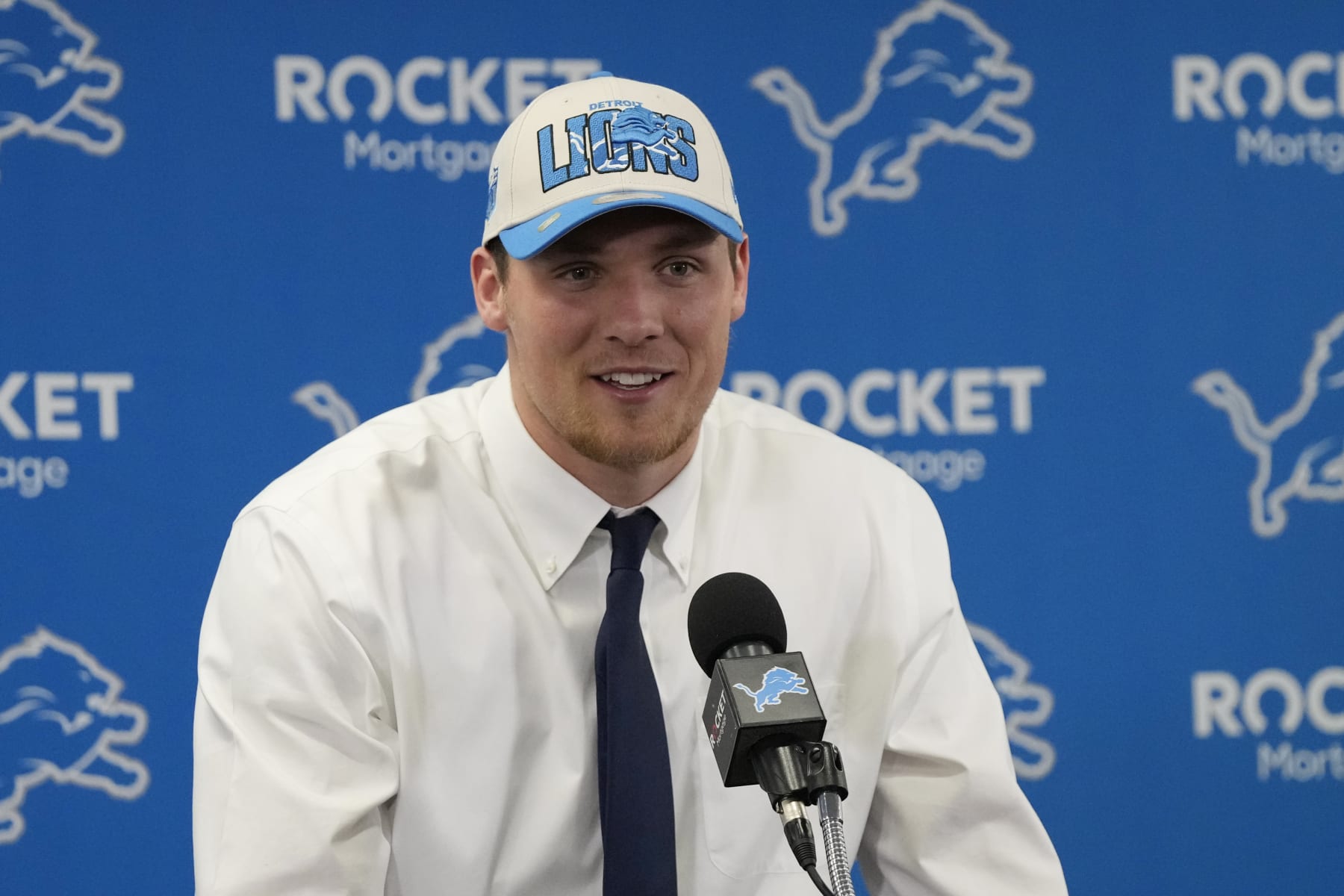 Detroit Lions No. 18 draft pick Jack Campbell addresses the media during an NFL football news conference, Friday, April 28, 2023, in Allen Park, Mich. (AP Photo/Carlos Osorio)