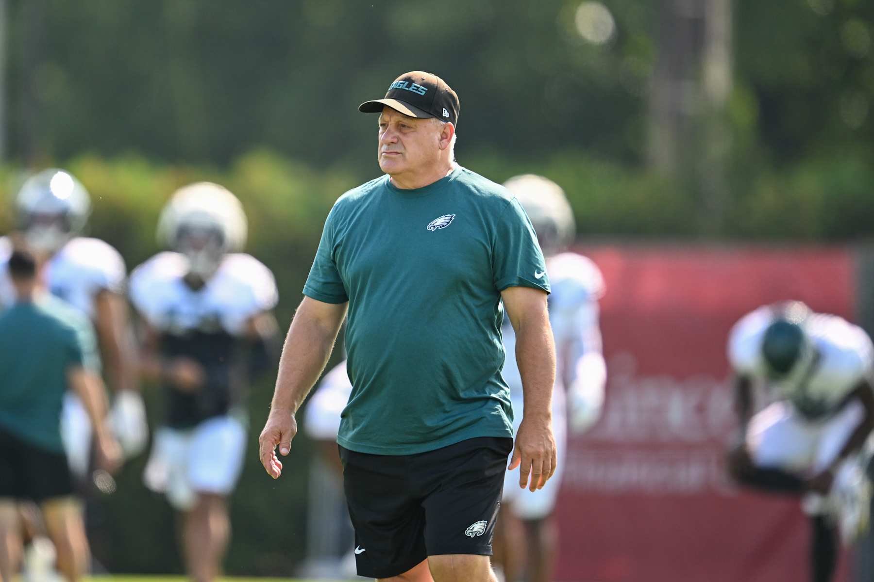 PHILADELPHIA, PA - AUGUST 05: Philadelphia Eagles defensive coordinator Vic Fangio watches drills during the Philadelphia Eagles training camp on August 5th, 2024 at the NovaCare Complex in Philadelphia, PA (Photo by Terence Lewis/Icon Sportswire via Getty Images)
