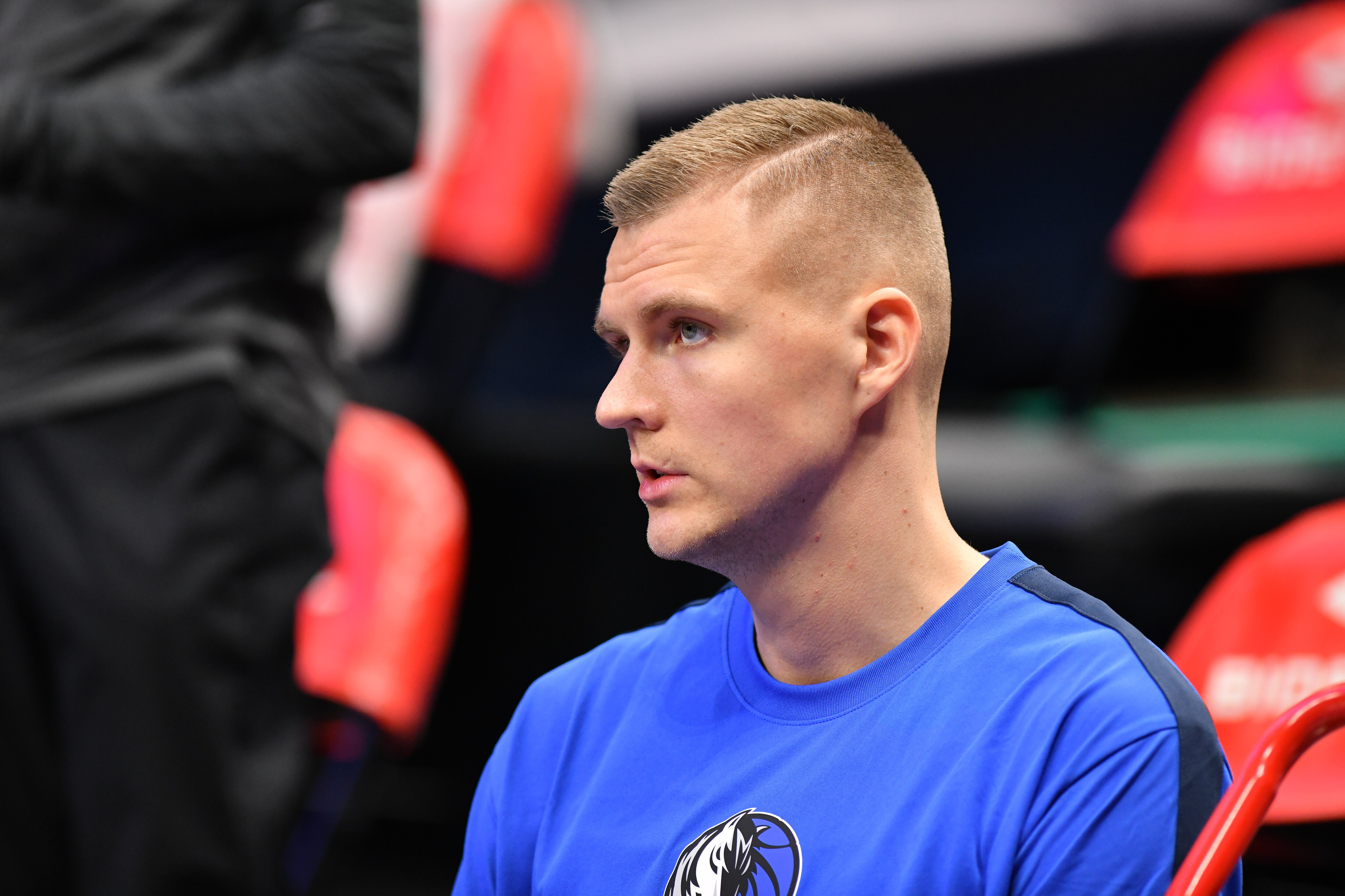 DALLAS, TX - APRIL 11: Kristaps Porzingis #6 of the Dallas Mavericks looks on before the game against the San Antonio Spurs on April 11, 2021 at the American Airlines Center in Dallas, Texas. NOTE TO USER: User expressly acknowledges and agrees that, by downloading and or using this photograph, User is consenting to the terms and conditions of the Getty Images License Agreement. Mandatory Copyright Notice: Copyright 2021 NBAE (Photo by Glenn James/NBAE via Getty Images)