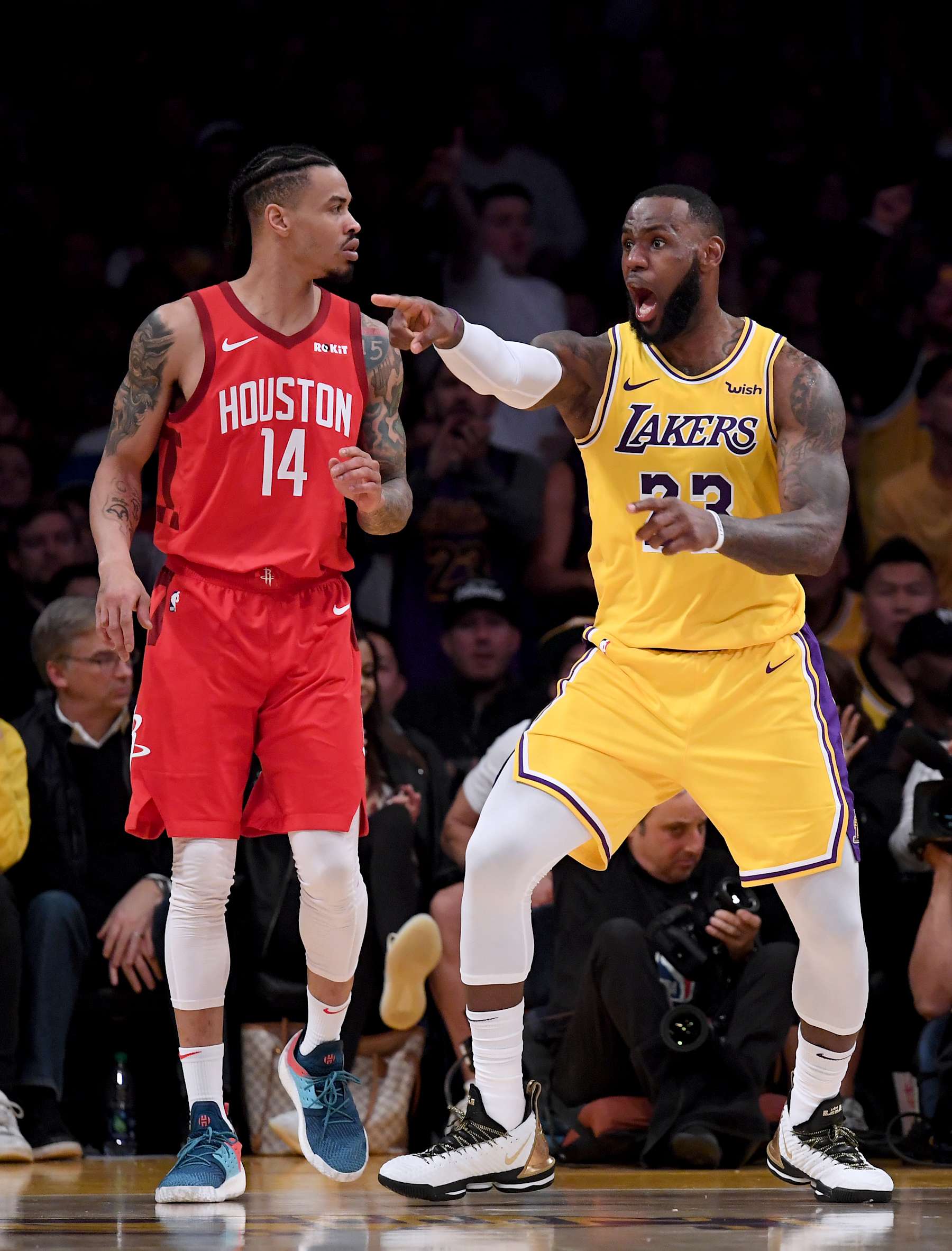 LOS ANGELES, CALIFORNIA - FEBRUARY 21:  LeBron James #23 of the Los Angeles Lakers reacts for a foul in front of Gerald Green #14 of the Houston Rockets during a 111-106 Laker win at Staples Center on February 21, 2019 in Los Angeles, California. (Photo by Harry How/Getty Images)