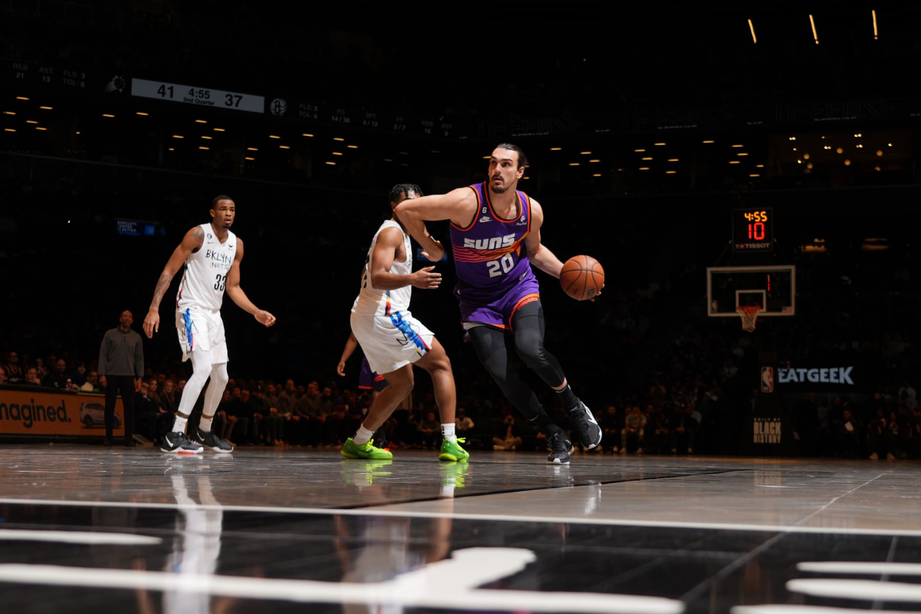 BROOKLYN, NY - FEBRUARY 7: Dario Saric #20 of the Phoenix Suns dribbles the ball during the game against the Brooklyn Nets on February 7, 2023 at Barclays Center in Brooklyn, New York. NOTE TO USER: User expressly acknowledges and agrees that, by downloading and or using this Photograph, user is consenting to the terms and conditions of the Getty Images License Agreement. Mandatory Copyright Notice: Copyright 2023 NBAE (Photo by Jesse D. Garrabrant/NBAE via Getty Images)