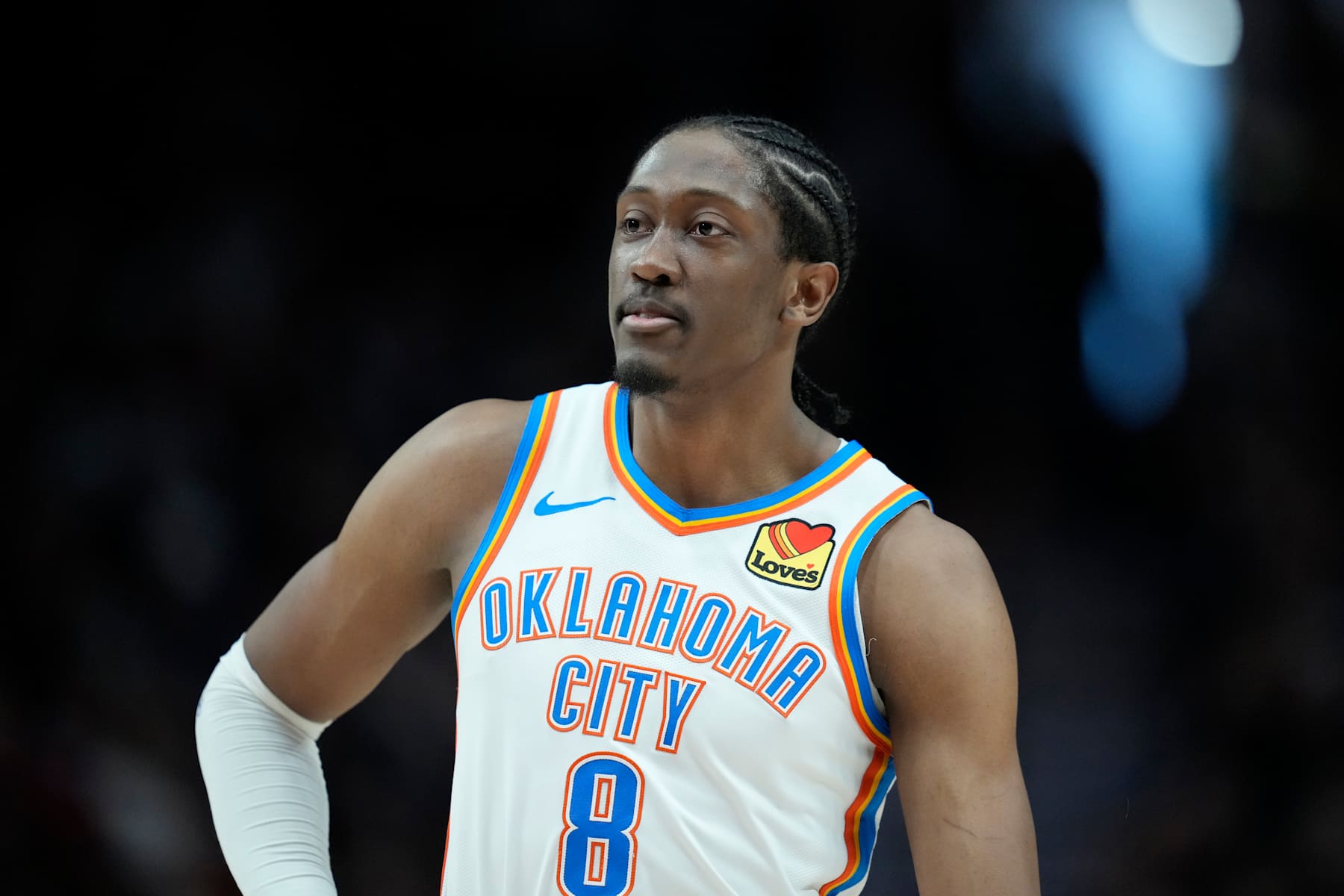 PORTLAND, OREGON - JANUARY 26: Jalen Williams #8 of the Oklahoma City Thunder looks on during the first half against the Portland Trail Blazers at Moda Center on January 26, 2025 in Portland, Oregon. NOTE TO USER: User expressly acknowledges and agrees that, by downloading and or using this photograph, User is consenting to the terms and conditions of the Getty Images License Agreement. (Photo by Soobum Im/Getty Images)