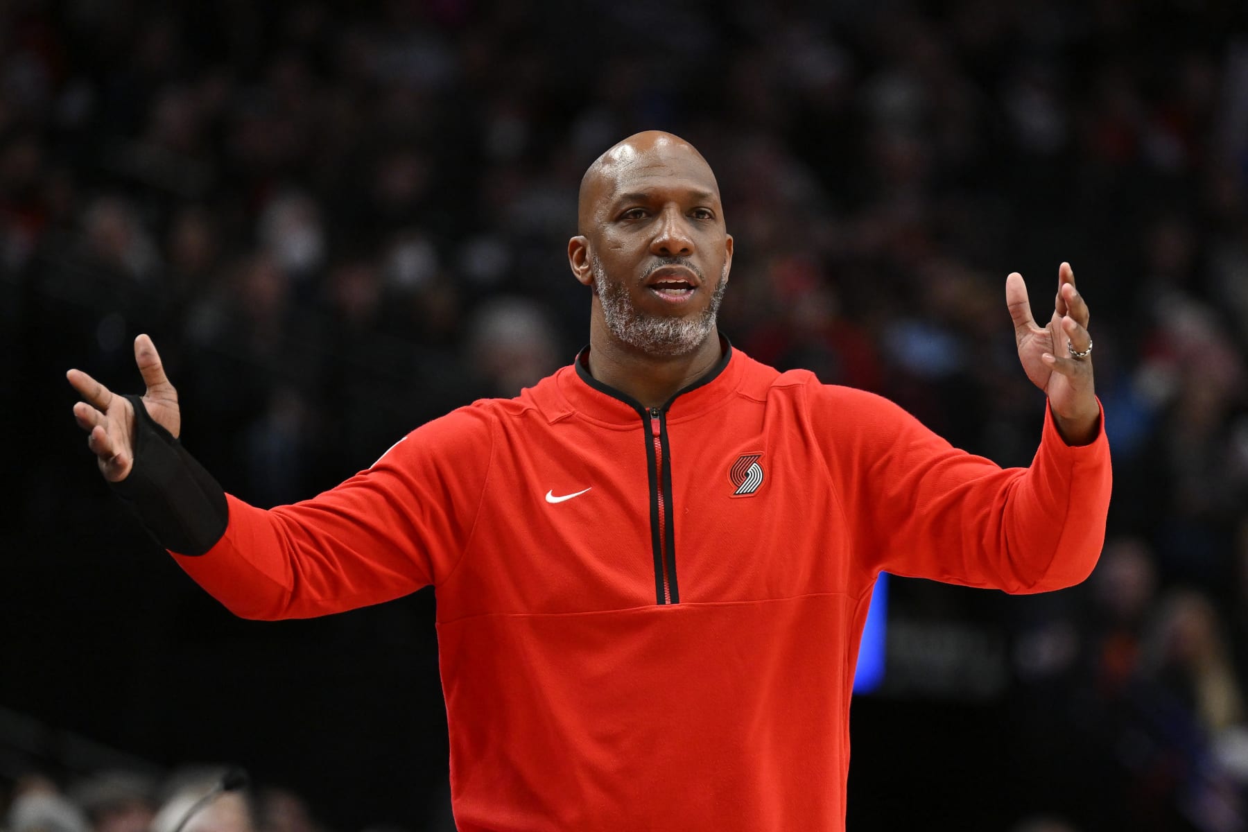 PORTLAND, OREGON - MARCH 06: Head coach Chauncey Billups of the Portland Trail Blazers reacts to a call during the fourth quarter of the game against the Oklahoma City Thunder at the Moda Center on March 06, 2024 in Portland, Oregon. The Oklahoma City Thunder won 128-120. NOTE TO USER: User expressly acknowledges and agrees that, by downloading and or using this photograph, User is consenting to the terms and conditions of the Getty Images License Agreement. (Photo by Alika Jenner/Getty Images)