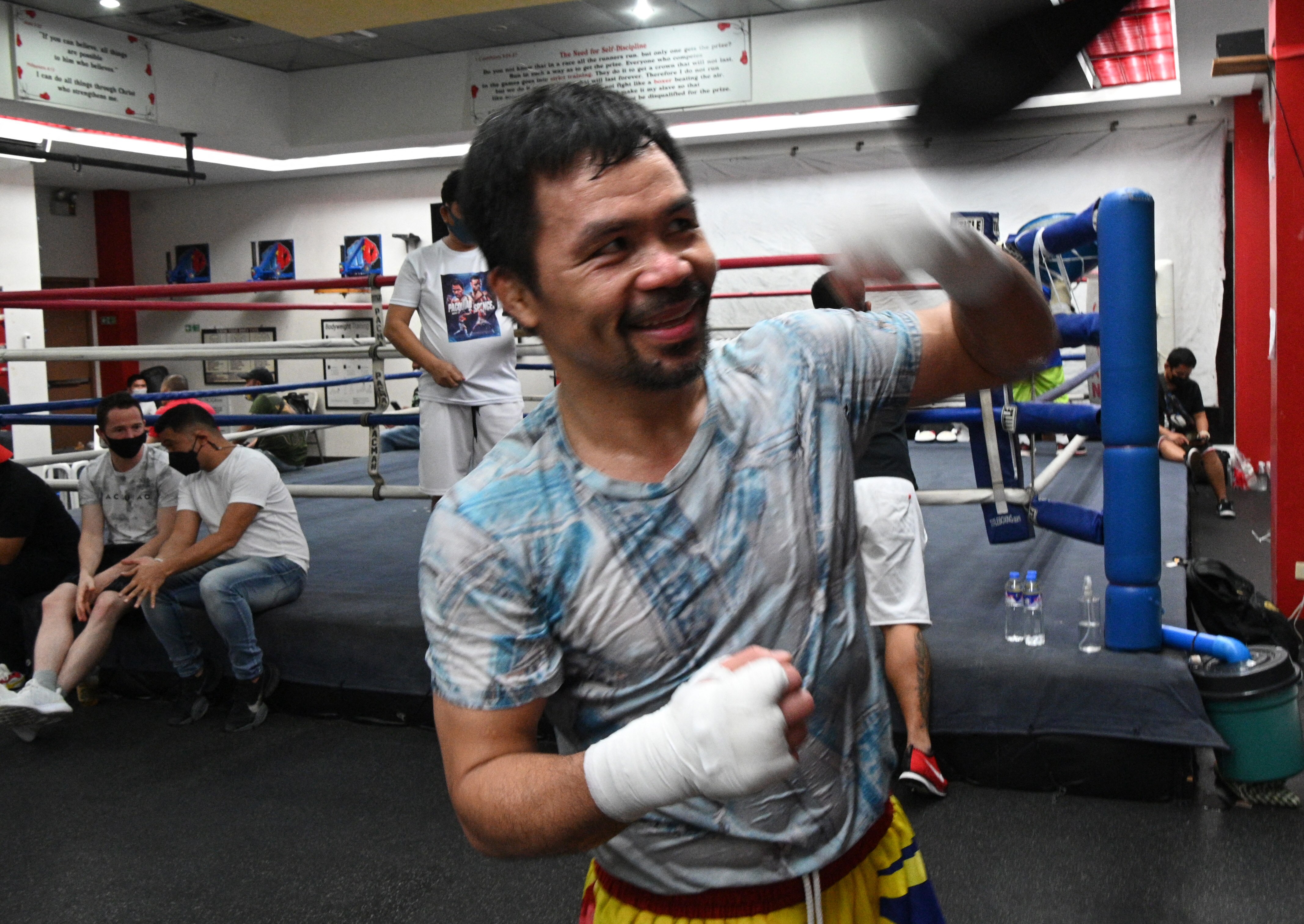 This photo taken on June 22, 2021 shows Philippine boxing legend and Senator Manny Pacquiao training at his gym in the city of General Santos in southern island of Mindanao for his upcoming bout against Errol Spence of the US. - A two-year break from boxing has left Philippine legend Manny Pacquiao "hungry" to get back in the ring for what could be the last fight of his storied career -- and a warm-up for a presidential rumble. - TO GO WITH STORY by Allison JACKSON (Photo by TED ALJIBE / AFP) / TO GO WITH STORY by Allison JACKSON (Photo by TED ALJIBE/AFP via Getty Images)