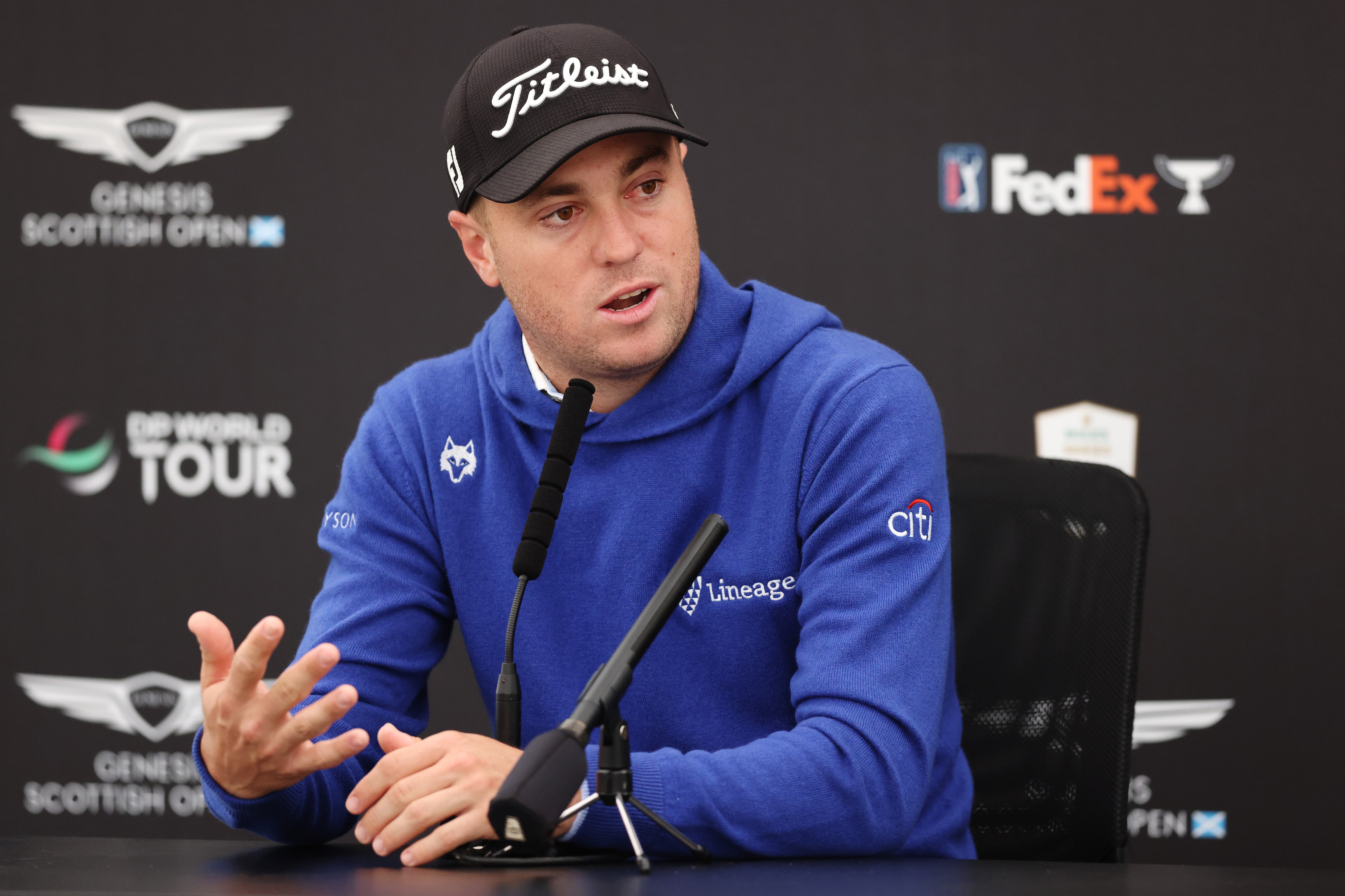 NORTH BERWICK, SCOTLAND - JULY 06: Justin Thomas of United States speaks in a press conference during a practice round prior to the Genesis Scottish Open at The Renaissance Club on July 06, 2022 in North Berwick, Scotland. (Photo by Luke Walker/Getty Images)