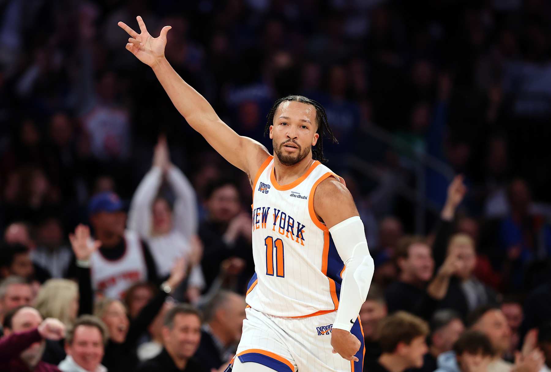 NEW YORK, NEW YORK - JANUARY 17: Jalen Brunson #11 of the New York Knicks reacts during the first half against the Minnesota Timberwolves at Madison Square Garden on January 17, 2025 in New York City. NOTE TO USER: User expressly acknowledges and agrees that, by downloading and or using this photograph, User is consenting to the terms and conditions of the Getty Images License Agreement. (Photo by Sarah Stier/Getty Images)