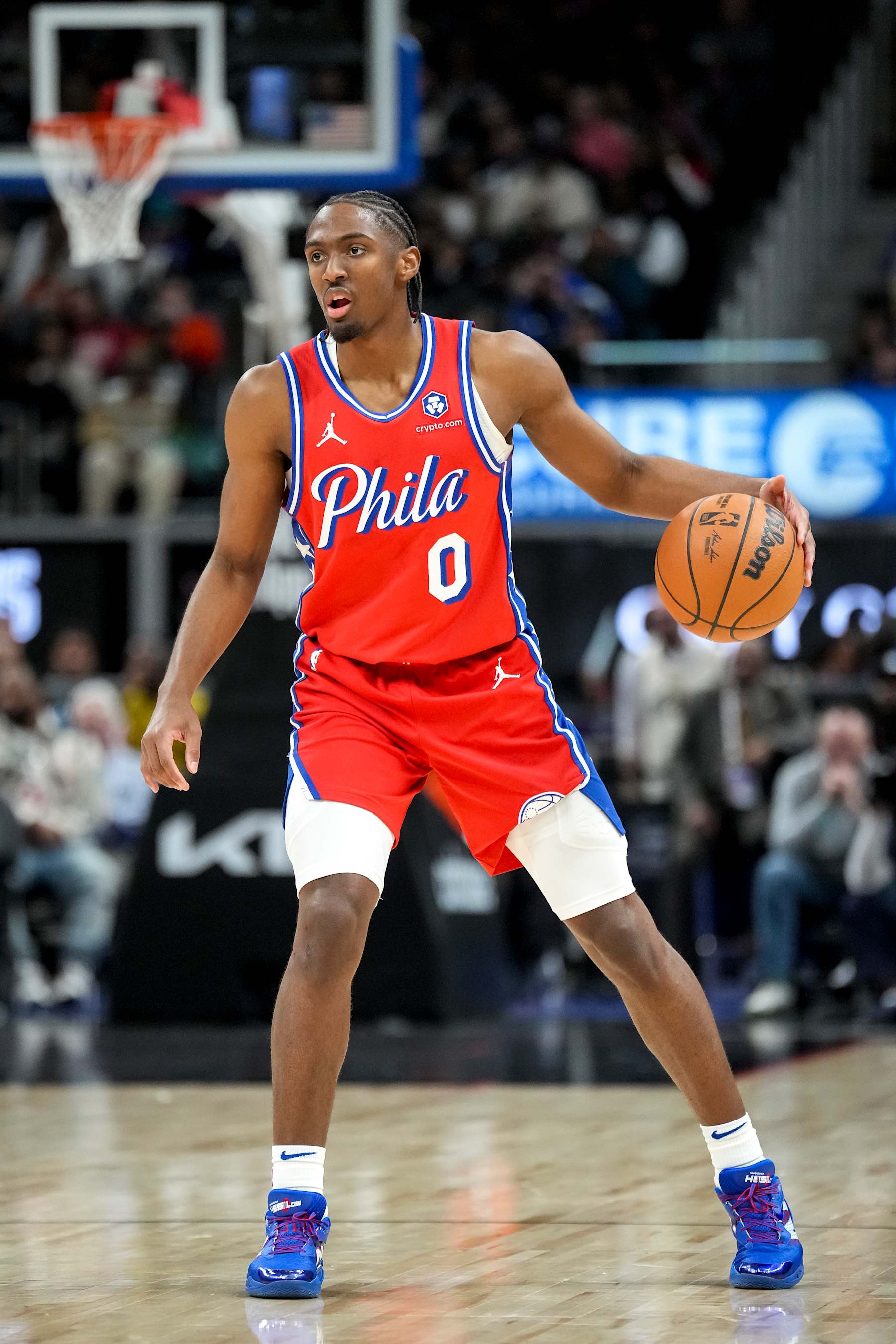 DETROIT, MICHIGAN - FEBRUARY 07: Tyrese Maxey #0 of the Philadelphia 76ers handles the ball against the Detroit Pistons at Little Caesars Arena on February 07, 2025 in Detroit, Michigan. NOTE TO USER: User expressly acknowledges and agrees that, by downloading and or using this photograph, User is consenting to the terms and conditions of the Getty Images License Agreement. (Photo by Nic Antaya/Getty Images)