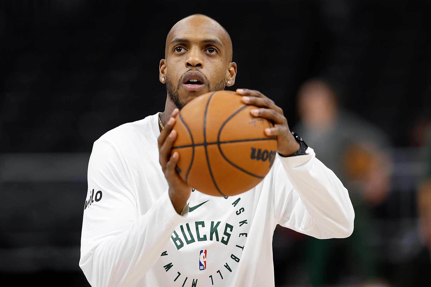 MILWAUKEE, WISCONSIN - JANUARY 04: Khris Middleton #22 of the Milwaukee Bucks works out before the game against the Portland Trail Blazers at Fiserv Forum on January 04, 2025 in Milwaukee, Wisconsin. NOTE TO USER: User expressly acknowledges and agrees that, by downloading and or using this photograph, User is consenting to the terms and conditions of the Getty Images License Agreement. (Photo by John Fisher/Getty Images)