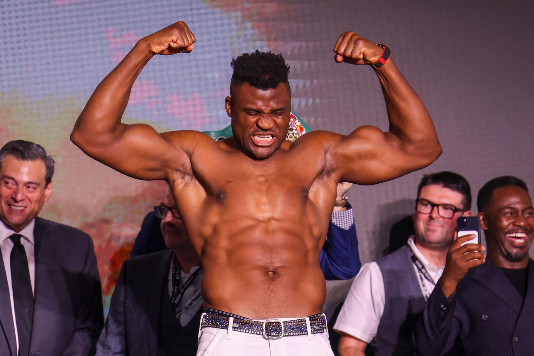 Cameroonian-French Francis Ngannou reacts during weigh-in on the eve of his bout against Britain's Tyson Fury in Riyadh on October 27, 2023. (Photo by Fayez NURELDINE / AFP) (Photo by FAYEZ NURELDINE/AFP via Getty Images)