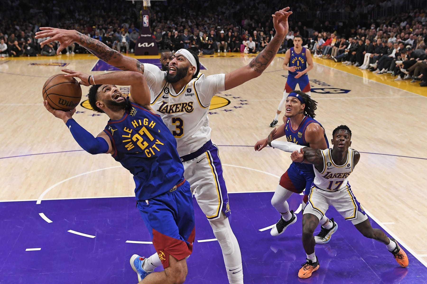 LOS ANGELES, CALIFORNIA - MAY 20: Jamal Murray #27 of the Denver Nuggets shoots the ball against Anthony Davis #3 of the Los Angeles Lakers  in game three of the Western Conference Finals at Crypto.com Arena on May 20, 2023 in Los Angeles, California. NOTE TO USER: User expressly acknowledges and agrees that, by downloading and or using this photograph, User is consenting to the terms and conditions of the Getty Images License Agreement. (Photo by Kevork Djansezian/Getty Images)