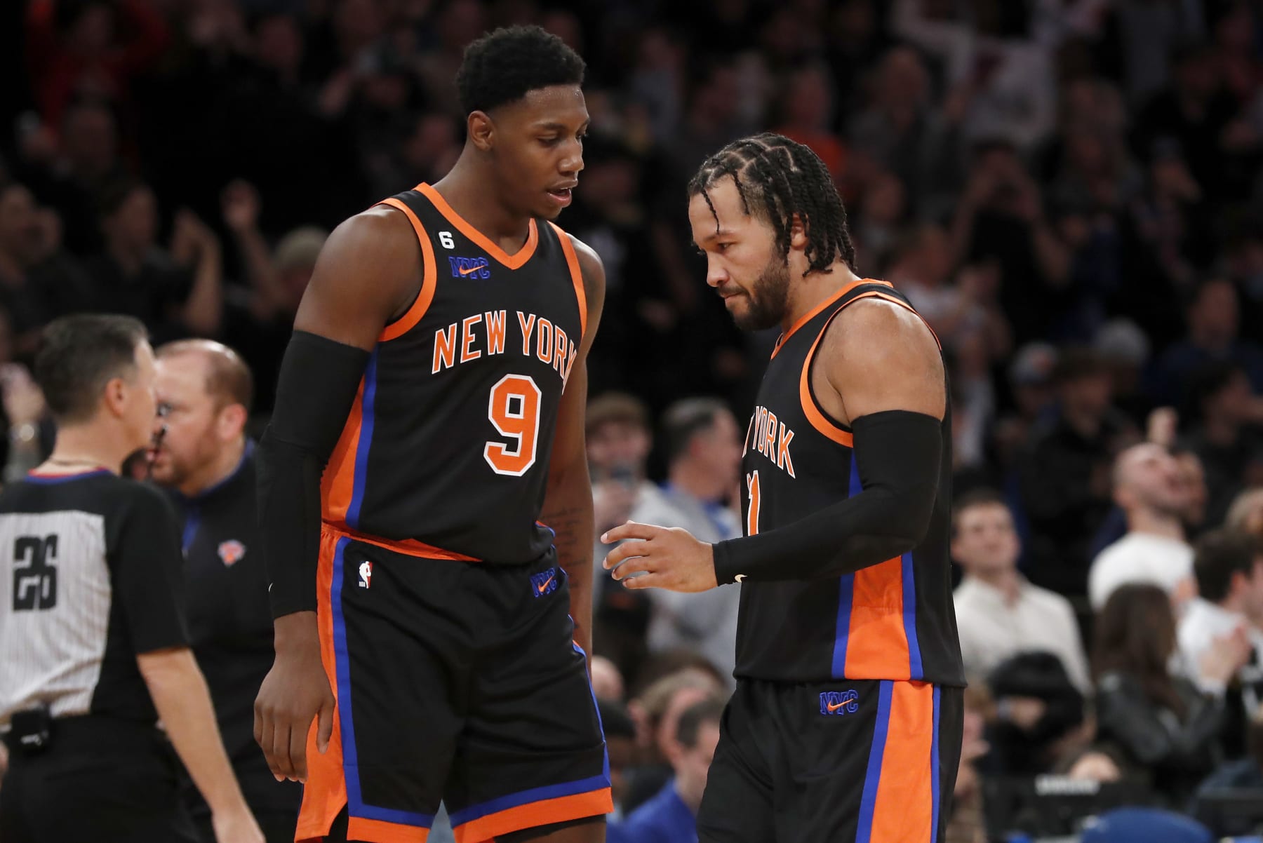 NEW YORK, NEW YORK - NOVEMBER 25: (NEW YORK DAILIES OUT)  Jalen Brunson #11 and RJ Barrett #9 of the New York Knicks in action against the Portland Trail Blazers at Madison Square Garden on November 25, 2022 in New York City. The Trail Blazers defeated the Knicks 132-129 in overtime. NOTE TO USER: User expressly acknowledges and agrees that, by downloading and or using this photograph, User is consenting to the terms and conditions of the Getty Images License Agreement. (Photo by Jim McIsaac/Getty Images)