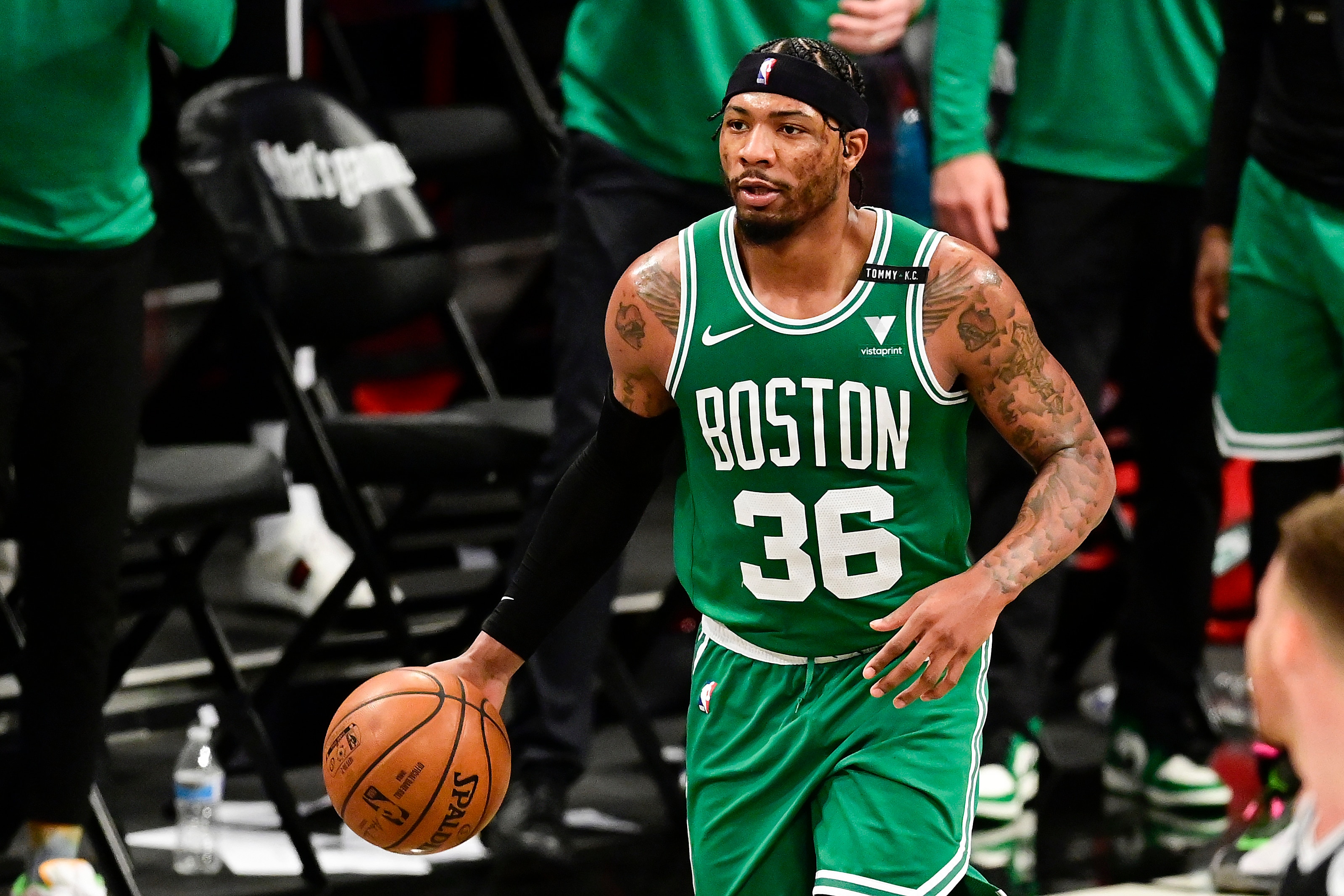 NEW YORK, NEW YORK - MAY 22:  Marcus Smart #36 of the Boston Celtics handles the ball against the Brooklyn Nets in Game One of the First Round of the 2021 NBA Playoffs at Barclays Center at Barclays Center on May 22, 2021 in New York City. NOTE TO USER: User expressly acknowledges and agrees that, by downloading and or using this photograph, User is consenting to the terms and conditions of the Getty Images License Agreement.  (Photo by Steven Ryan/Getty Images)