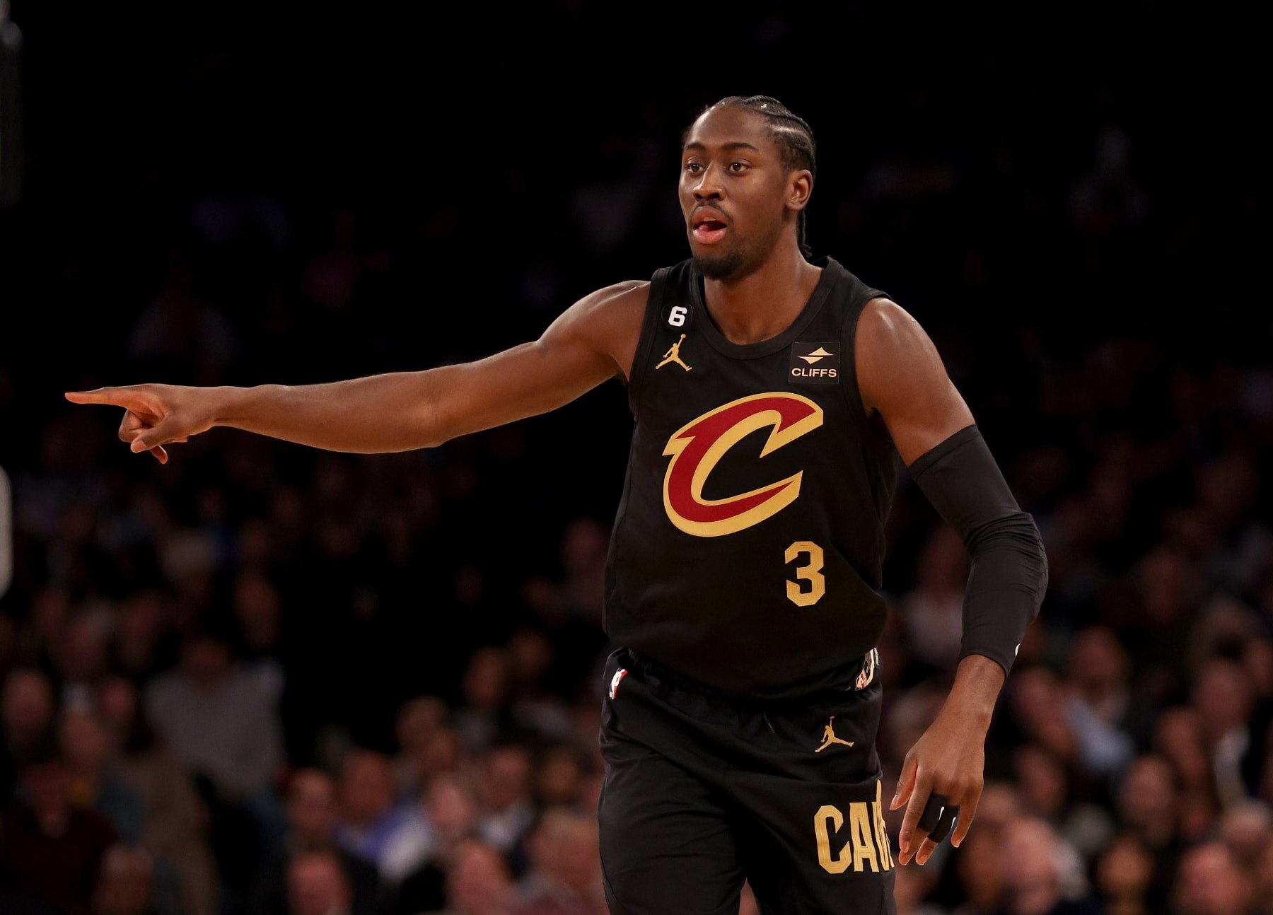 NEW YORK, NEW YORK - JANUARY 24:  Caris LeVert #3 of the Cleveland Cavaliers celebrates his shot in the second quarter against the New York Knicks at Madison Square Garden on January 24, 2023 in New York City. NOTE TO USER: User expressly acknowledges and agrees that, by downloading and or using this photograph, User is consenting to the terms and conditions of the Getty Images License Agreement. (Photo by Elsa/Getty Images)