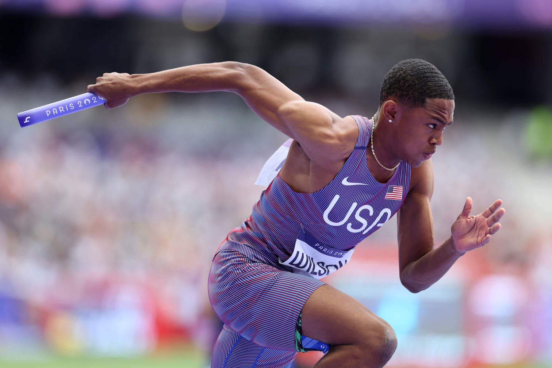 PARIS, FRANCE - AUGUST 09: Quincy Wilson of Team United States competes in the Men's 4 x 400m Relay Round 1 on day fourteen of the Olympic Games Paris 2024 at Stade de France on August 09, 2024 in Paris, France. (Photo by Christian Petersen/Getty Images)