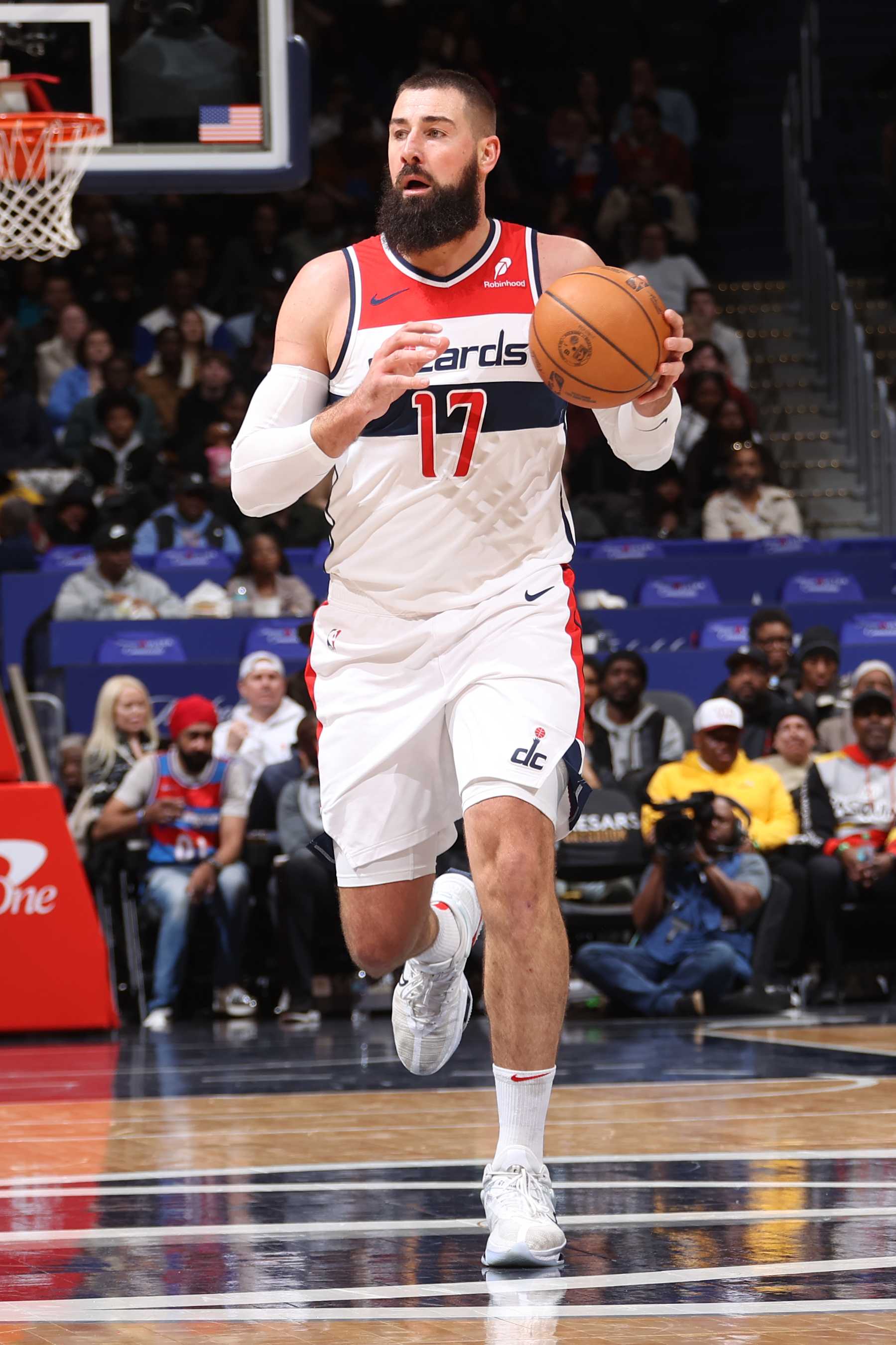 WASHINGTON, DC -  JANUARY 12:  Jonas Valanciunas #17 of the Washington Wizards handles the ball during the game against the Oklahoma City Thunder on January 12, 2025 at Capital One Arena in Washington, DC. NOTE TO USER: User expressly acknowledges and agrees that, by downloading and or using this Photograph, user is consenting to the terms and conditions of the Getty Images License Agreement. Mandatory Copyright Notice: Copyright 2025 NBAE (Photo by Kenny Giarla/NBAE via Getty Images)