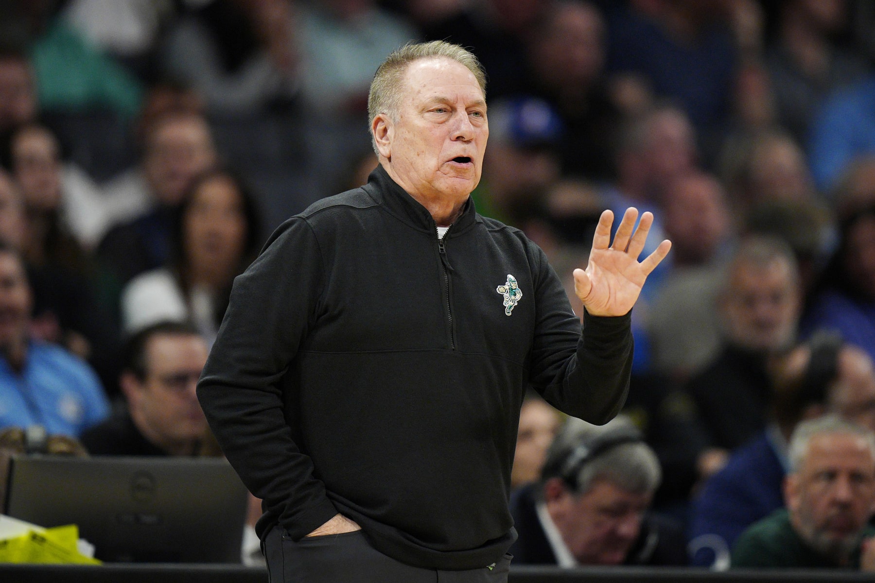 CHARLOTTE, NORTH CAROLINA - MARCH 21: Head coach Tom Izzo of the Michigan State Spartans reacts against the Mississippi State Bulldogs during the first half in the first round of the NCAA Men's Basketball Tournament at Spectrum Center on March 21, 2024 in Charlotte, North Carolina. (Photo by Jacob Kupferman/Getty Images)