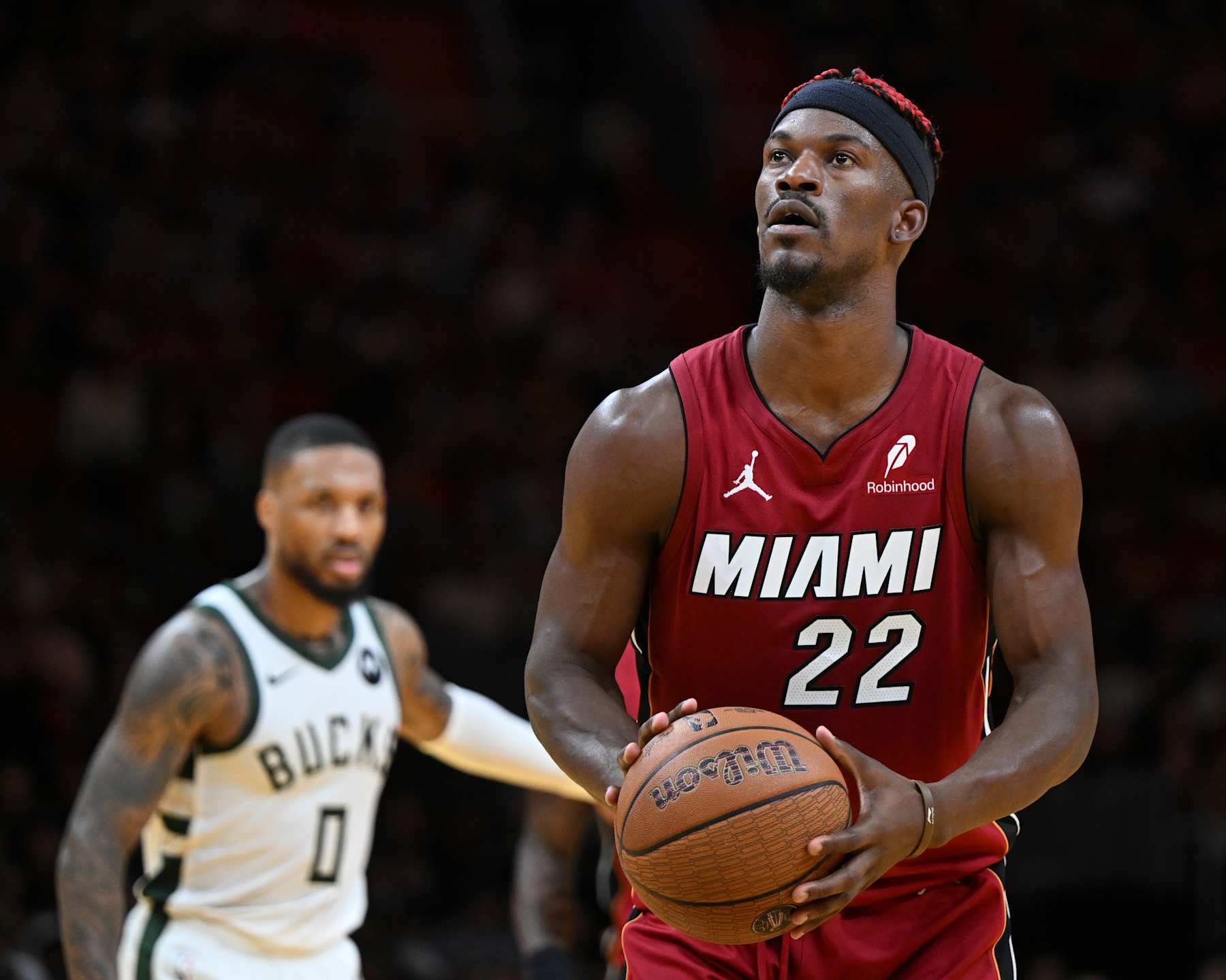 MIAMI, FL - NOVEMBER 26:  Jimmy Butler #22 of the Miami Heat shoots a free throw during the NBA Cup game against the Milwaukee Bucks on November 26, 2024 at Kaseya Center in Miami, Florida. NOTE TO USER: User expressly acknowledges and agrees that, by downloading and or using this Photograph, user is consenting to the terms and conditions of the Getty Images License Agreement. Mandatory Copyright Notice: Copyright 2024 NBAE (Photo by Chris Tilley/NBAE via Getty Images)