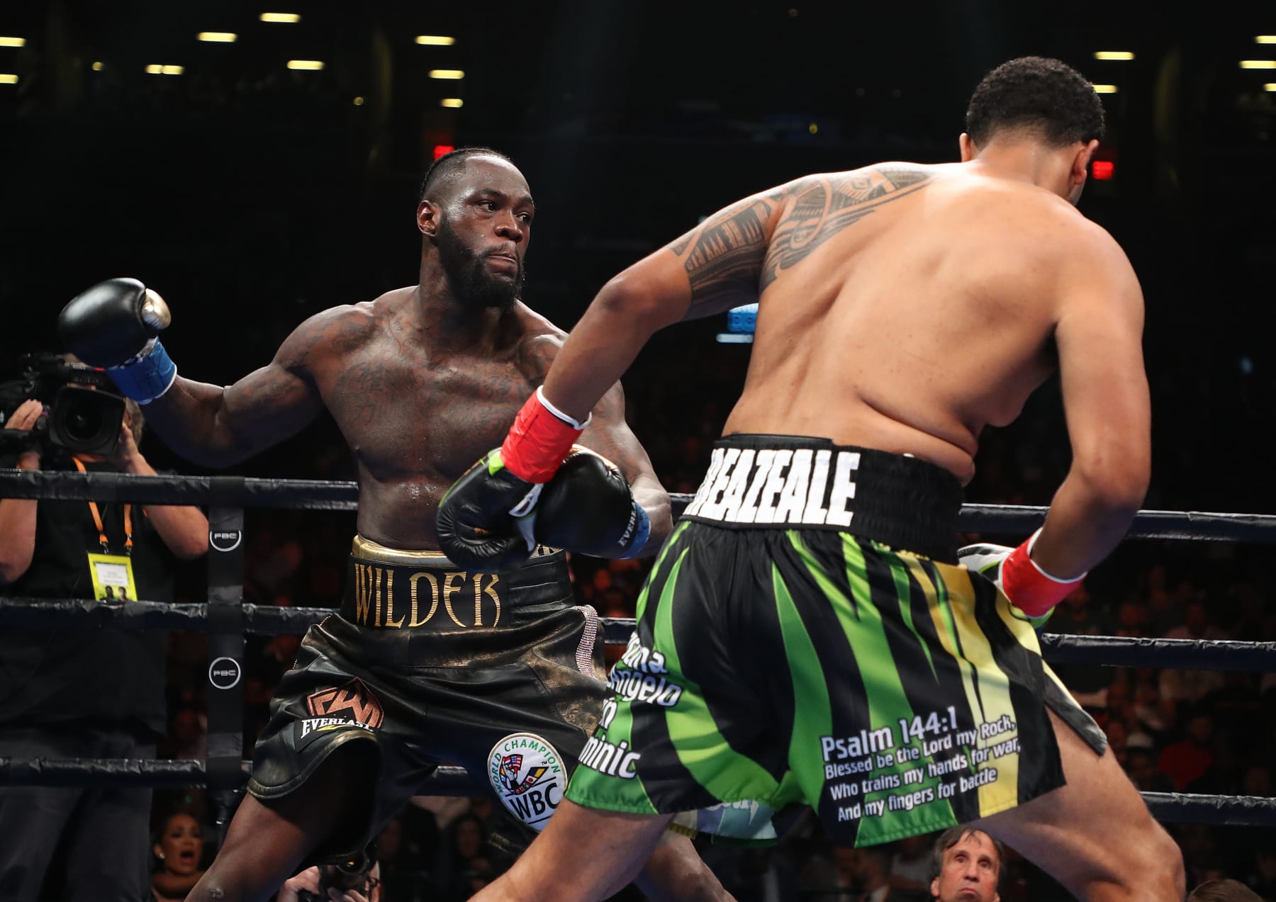 NEW YORK, NEW YORK - MAY 18:  Deontay Wilder punches Dominic Breazeale during their bout for Wilder's WBC heavyweight title at Barclays Center on May 18, 2019 in New York City. (Photo by Al Bello/Getty Images)