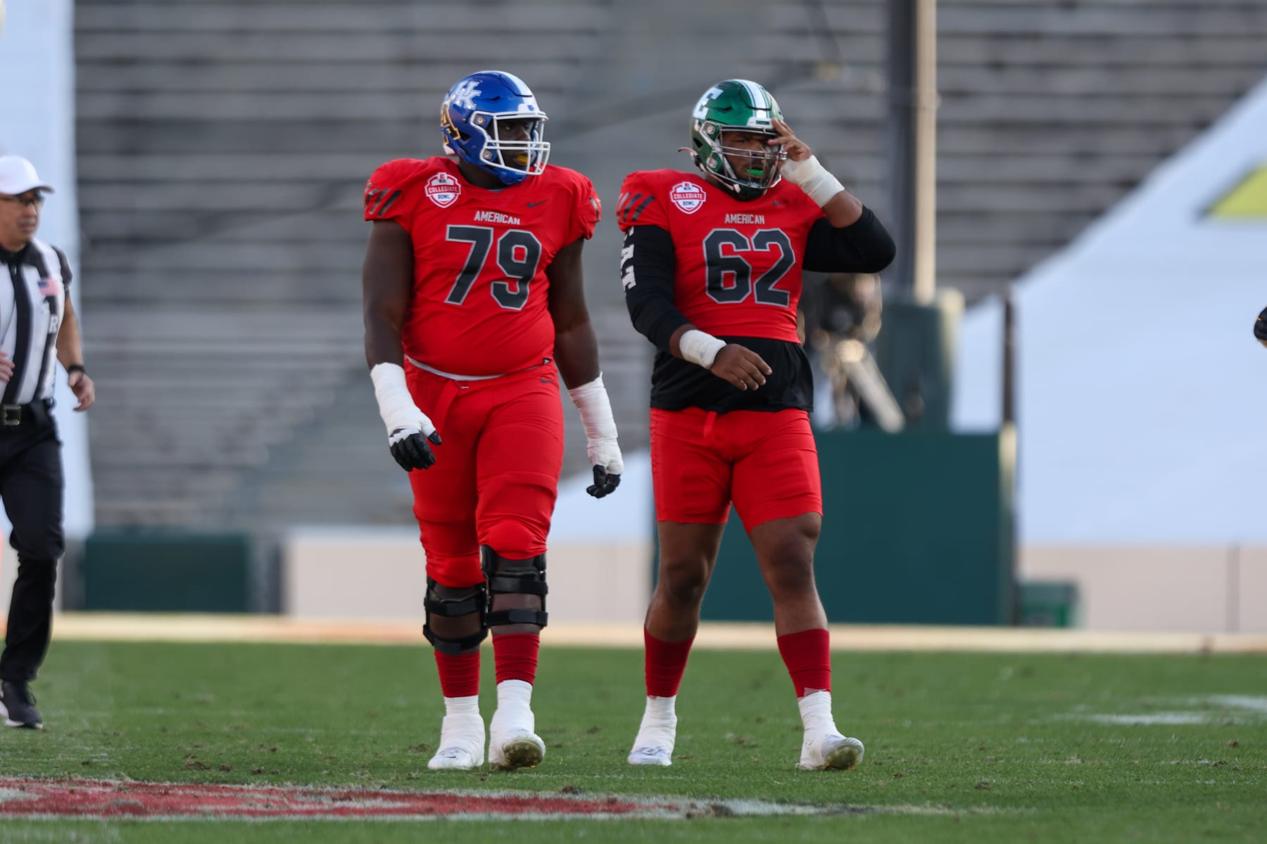 PASADENA, CA - JANUARY 28: American team offensive lineman Cheikhe "Sidy" Sow Eastern Michigan University (62) and American team guard Tashawn Manning University of Kentucky (79) walking down the field during the 2023 NFLPA Collegiate Bowl game between the American Team and the National Team on January 28, 2023, at Rose Bowl in Pasadena, CA. (Photo by Jordon Kelly/Icon Sportswire via Getty Images)