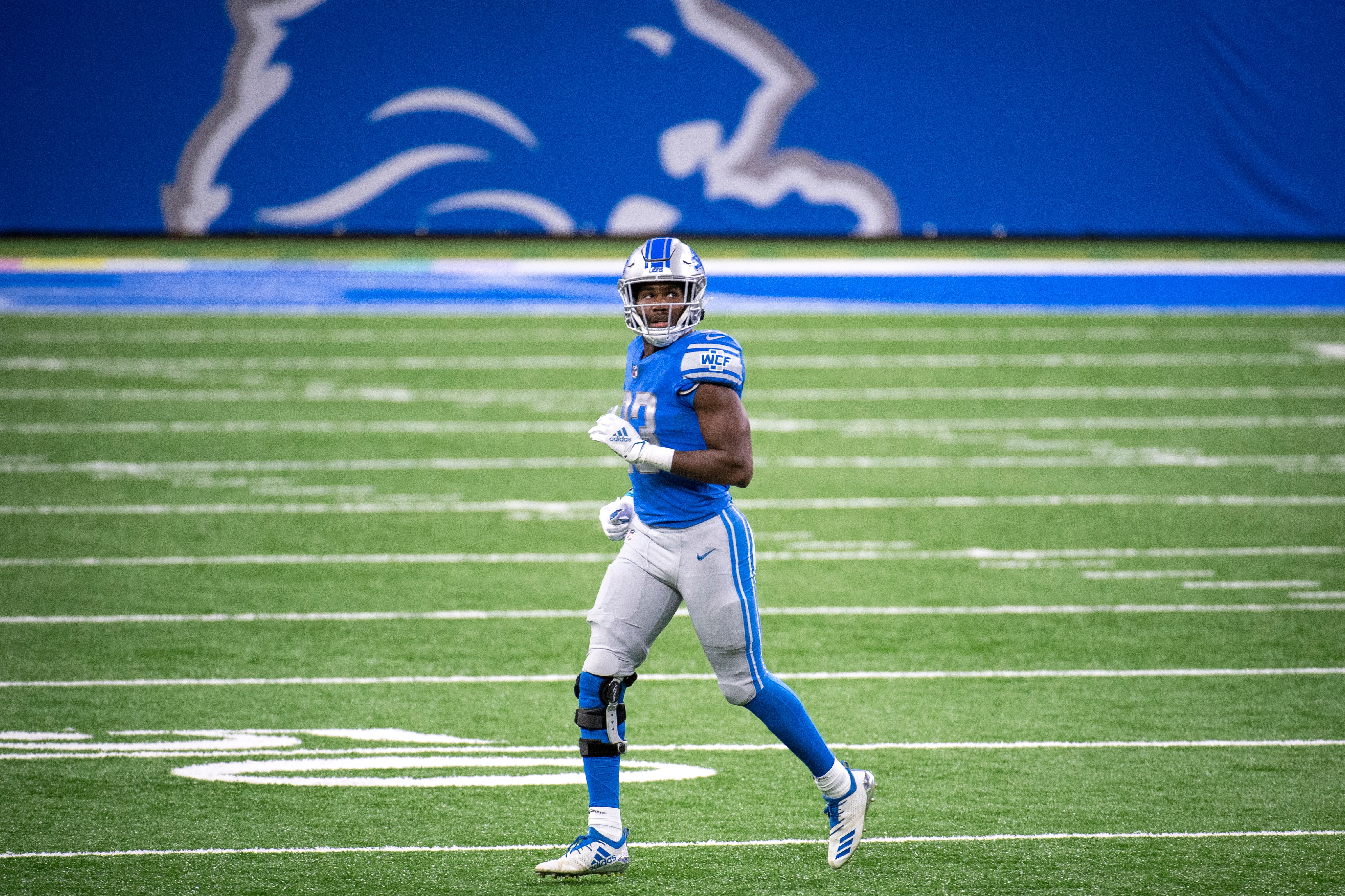 DETROIT, MI - OCTOBER 04: Kerryon Johnson #33 of the Detroit Lions runs during the fourth quarter against the New Orleans Saints at Ford Field on October 4, 2020 in Detroit, Michigan. (Photo by Nic Antaya/Getty Images)
