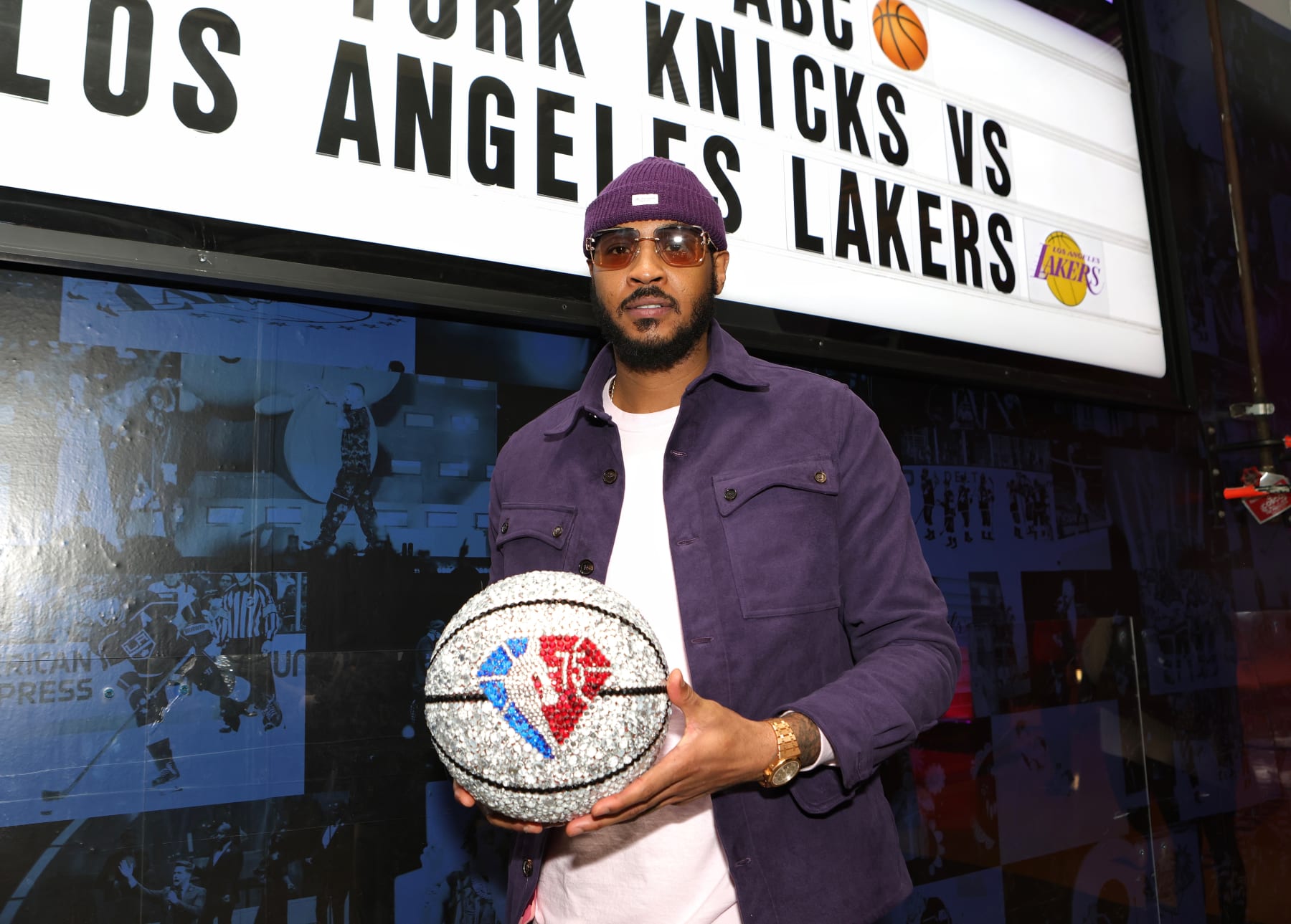 LOS ANGELES, CA - FEBRUARY 5: Carmelo Anthony #7 of the Los Angeles Lakers poses with the NBA 75th Anniversary ball on February 5, 2022 at Crypto.com Arena in Los Angeles, California. NOTE TO USER: User expressly acknowledges and agrees that, by downloading and/or using this Photograph, user is consenting to the terms and conditions of the Getty Images License Agreement. Mandatory Copyright Notice: Copyright 2022 NBAE (Photo by Jim Poorten/NBAE via Getty Images)